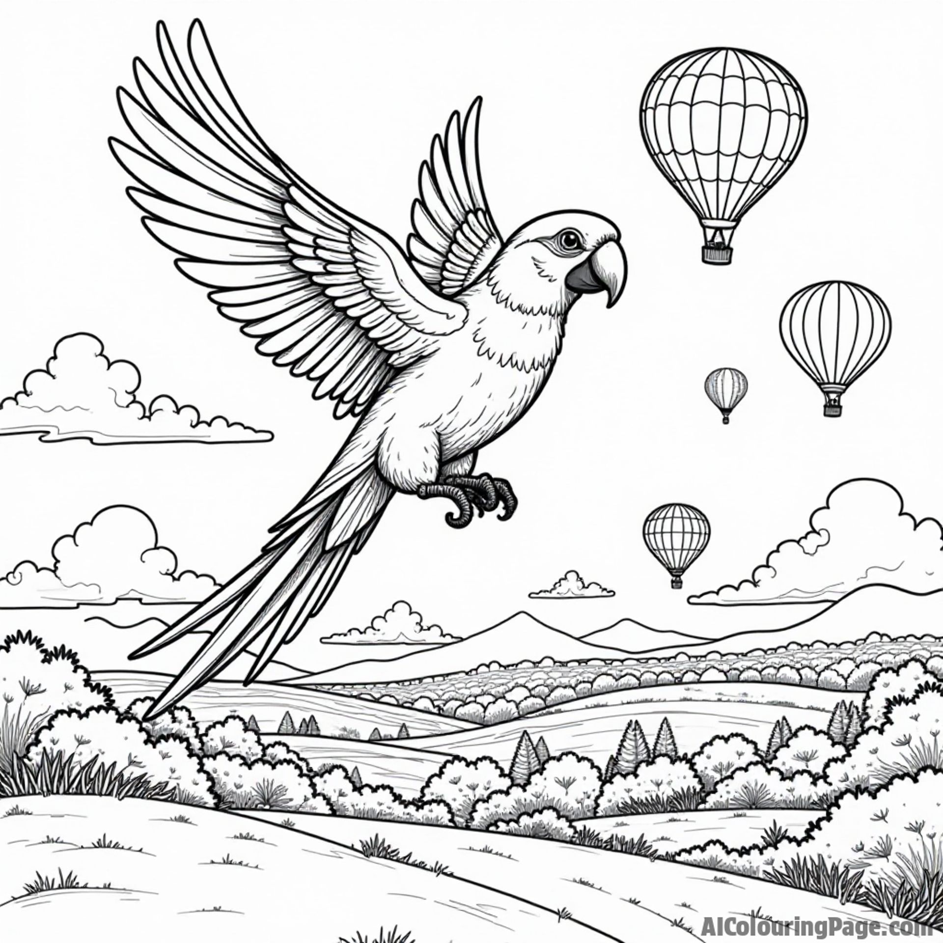 A parrot flying over a colorful hot air balloon festival with balloons of various shapes and sizes in the sky
