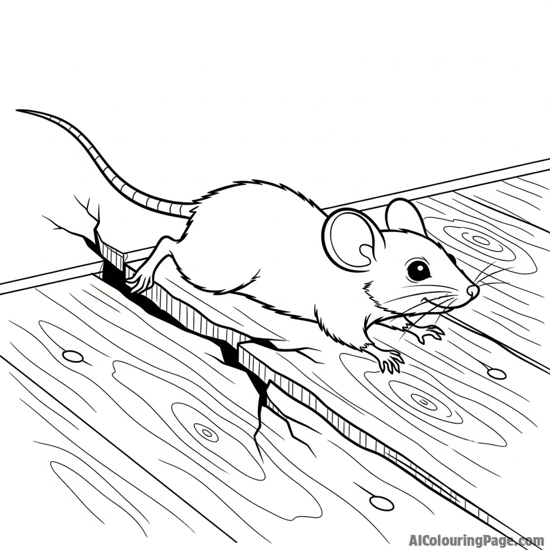 A dramatic scene of a mouse escaping through a narrow crack in a floorboard.