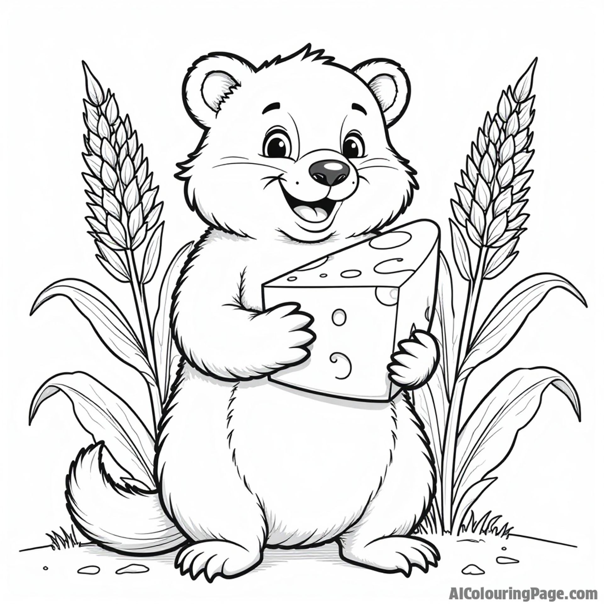 A cheerful badger holding a cheese wedge, surrounded by tall corn plants, showcasing Wisconsin's agriculture for a coloring page.