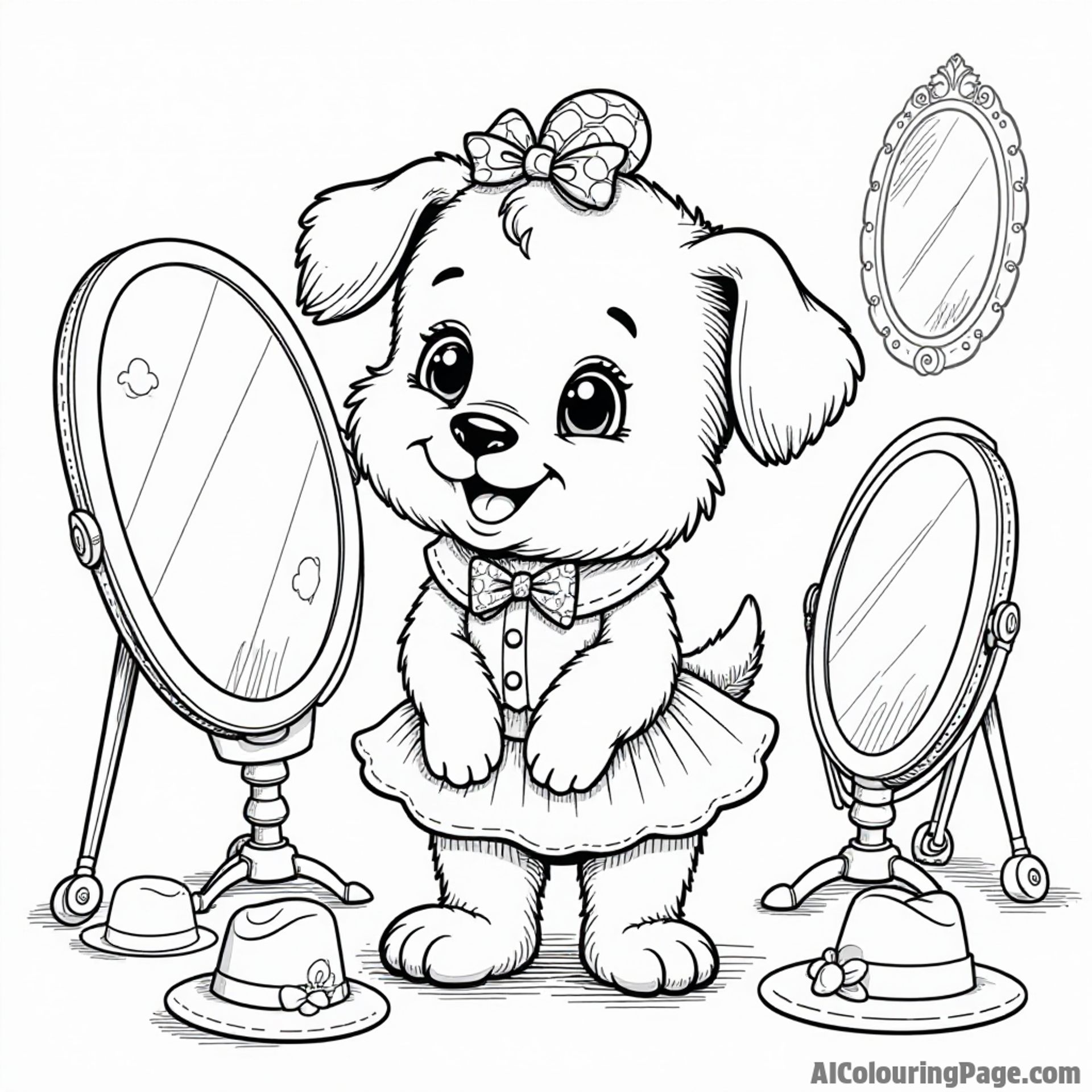 A puppy playing dress-up in a fun costume, surrounded by mirrors, hats, and colorful accessories creating a fashion show.