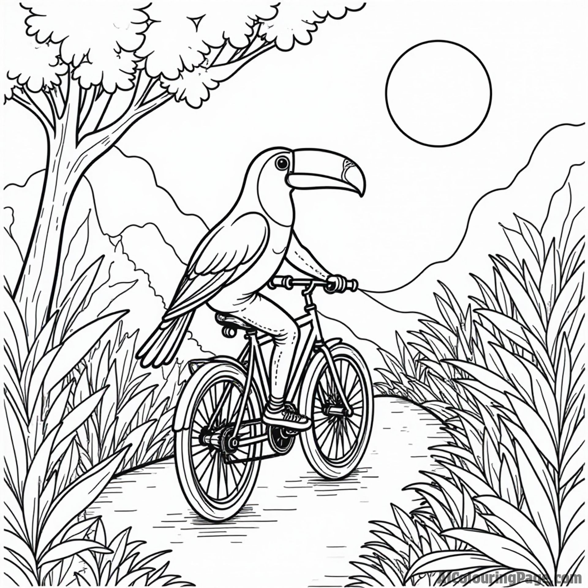 A toucan riding a bicycle down a jungle path with flowers blooming alongside and a bright sun shining above.