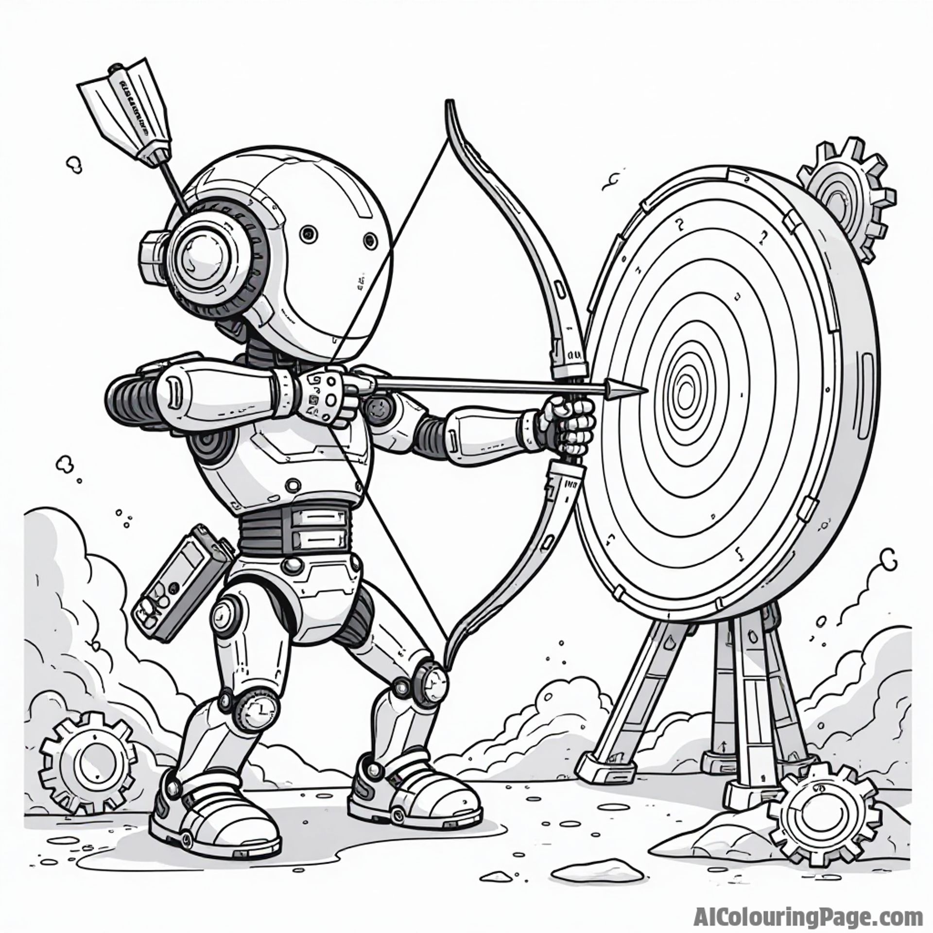 A cartoon robot aiming a futuristic bow and arrow at a digital target, surrounded by gears and gadgets, blending technology with archery in an imaginative coloring scene for kids.