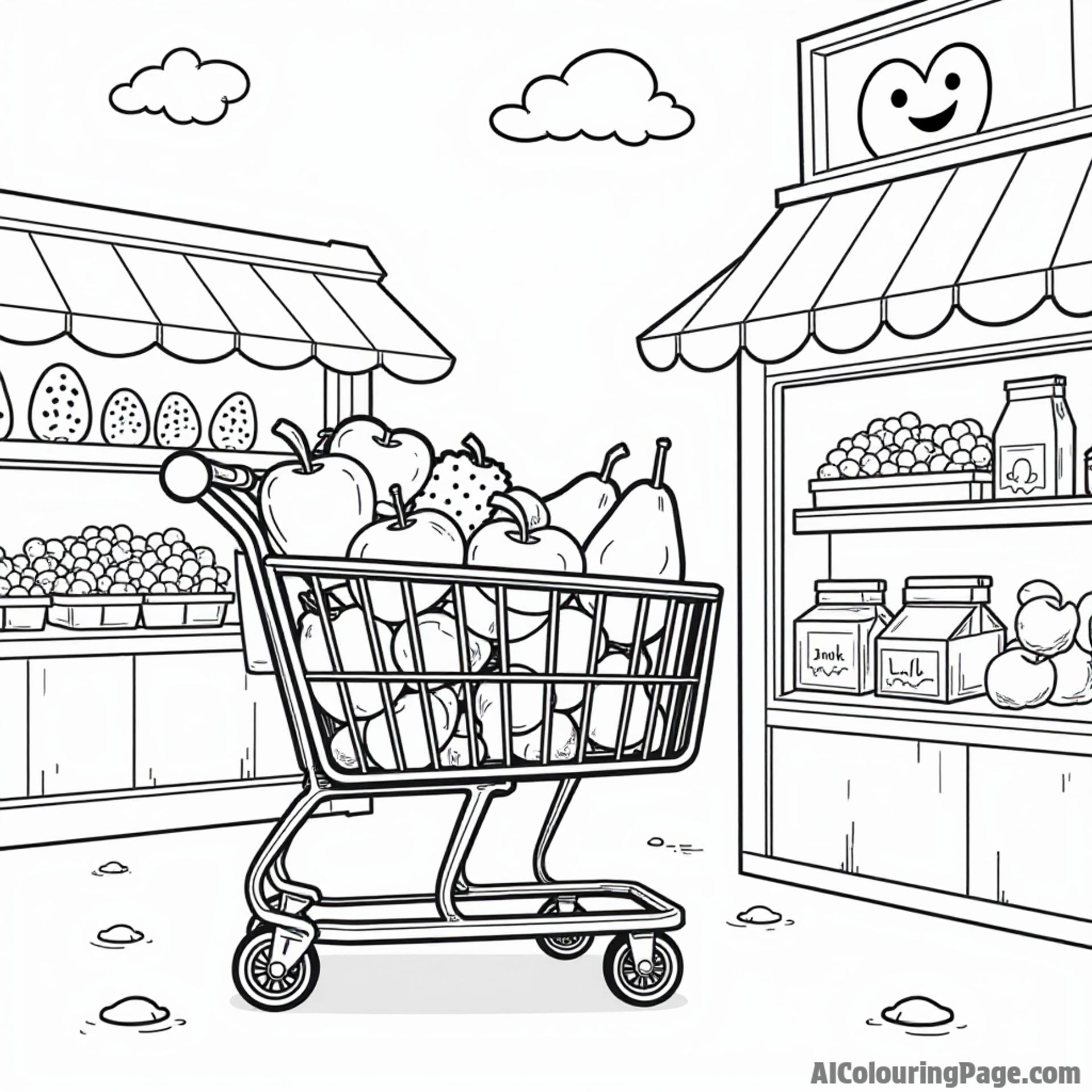 A friendly shopping cart filled with fruits, a cute cereal box, and a playful milk carton near a grocery store.