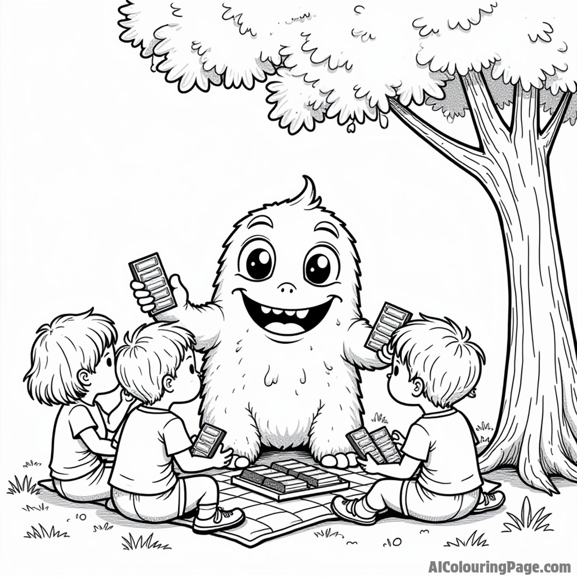 A friendly chocolate monster sharing chocolate bars with kids at a picnic under a shady tree.