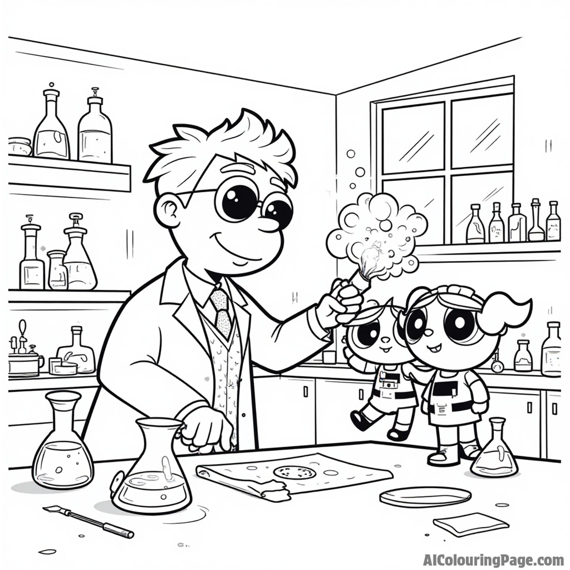 Professor Utonium working in his lab, with colorful potions, bubbling beakers, and the Powerpuff Girls watching curiously