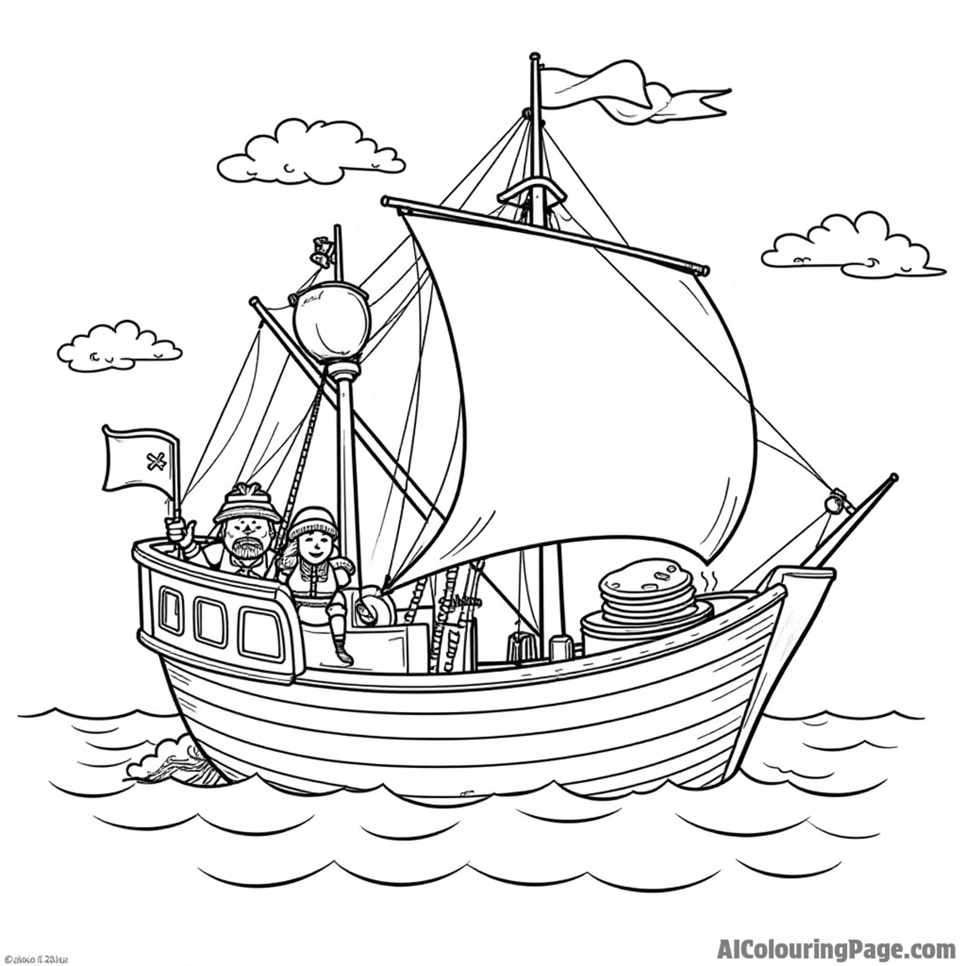An adventurous pirate ship with a crew enjoying pancakes on deck during a sunny day at sea