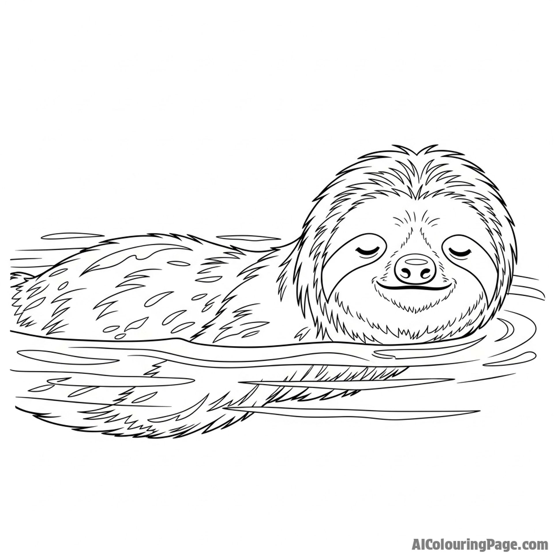 A sloth swimming with a peaceful expression, its fur slicked back by the water.