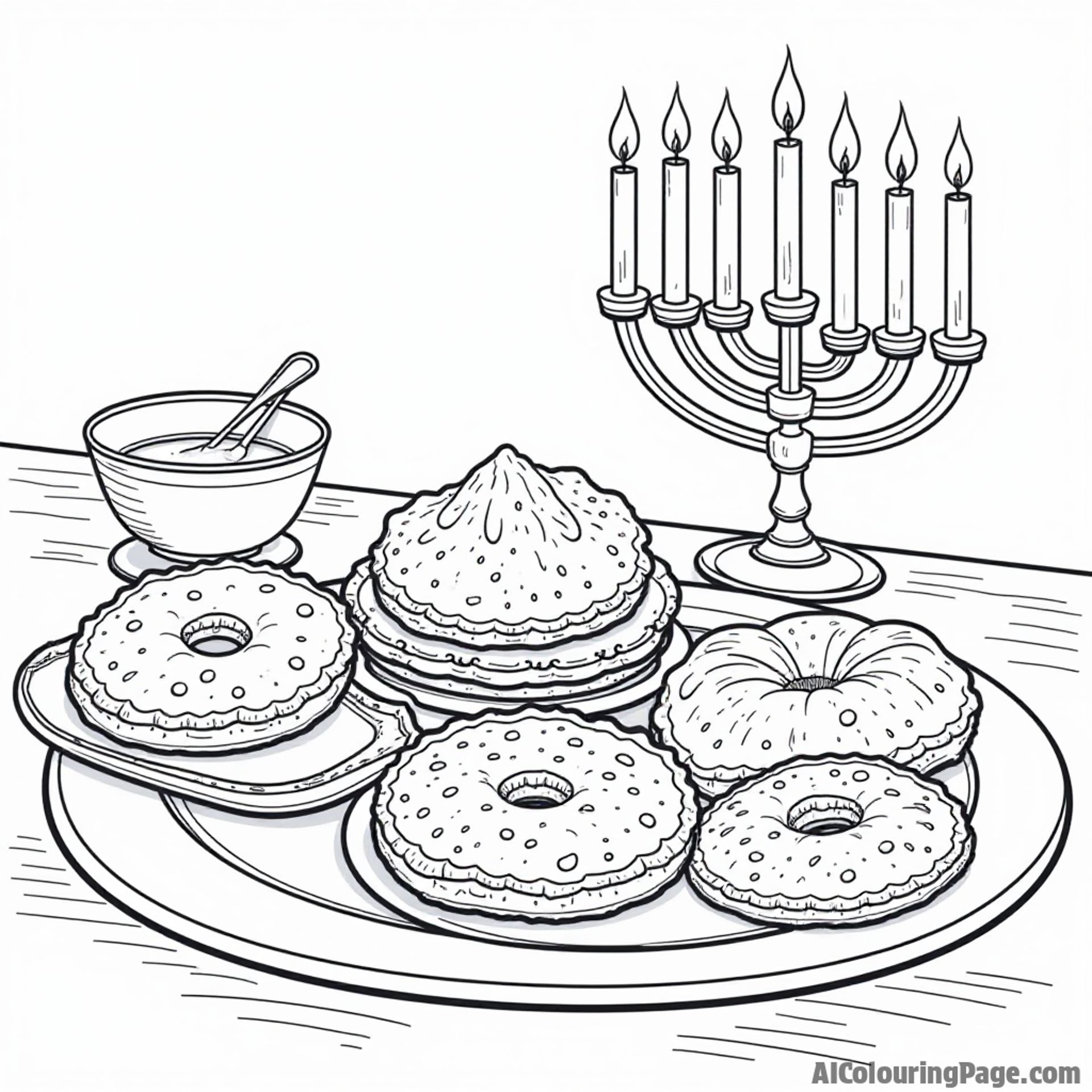 A traditional Hanukkah feast featuring latkes, applesauce, and jelly donuts, with a menorah shining brightly, providing a delightful coloring experience for kids celebrating the festival.
