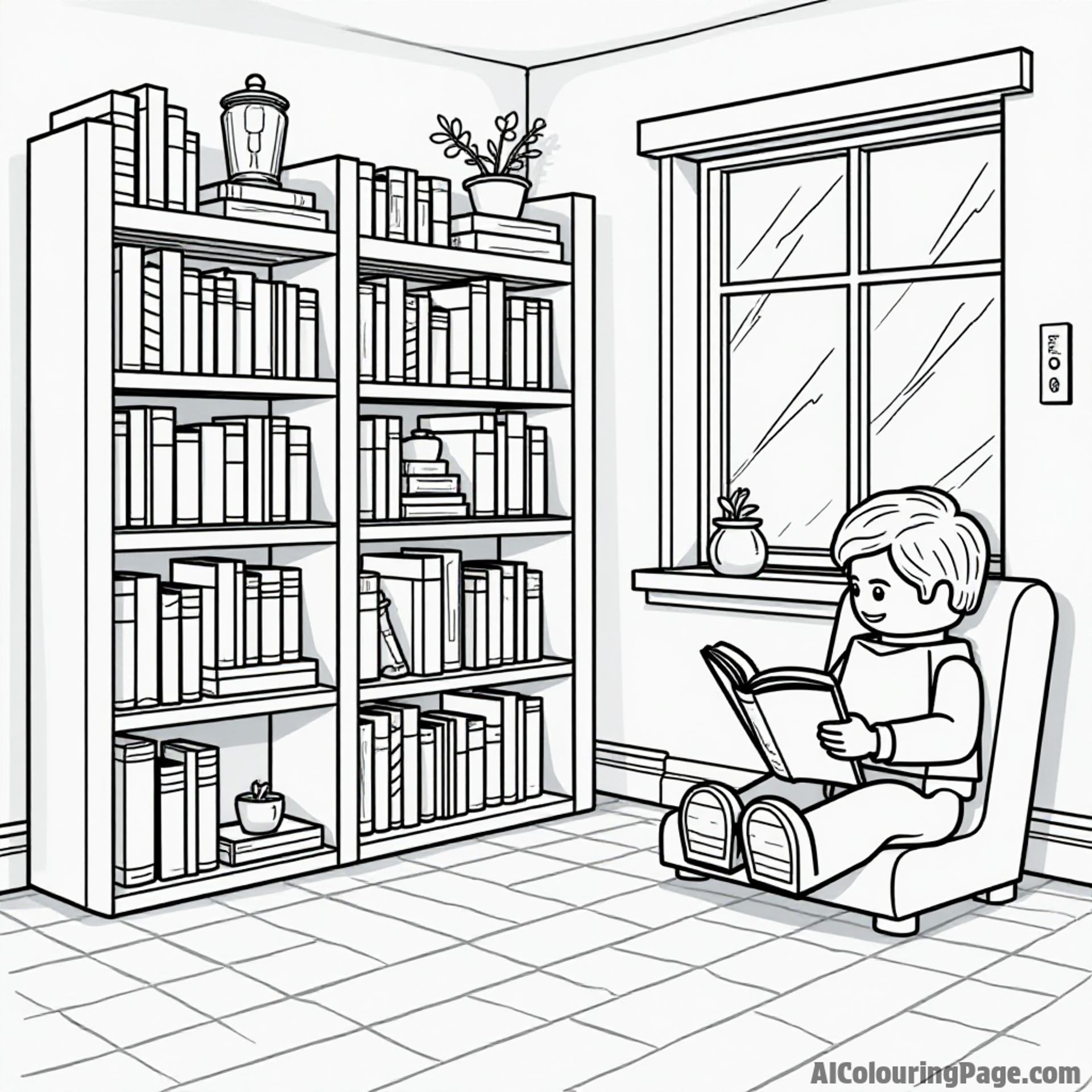 A LEGO library with bookshelves filled with books, kids reading, and a cozy reading nook in the corner.