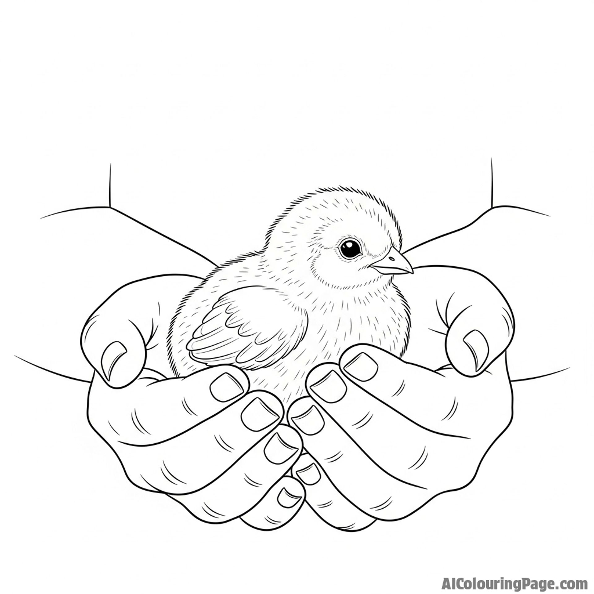 A child gently holding a small, fluffy chick in their cupped hands.
