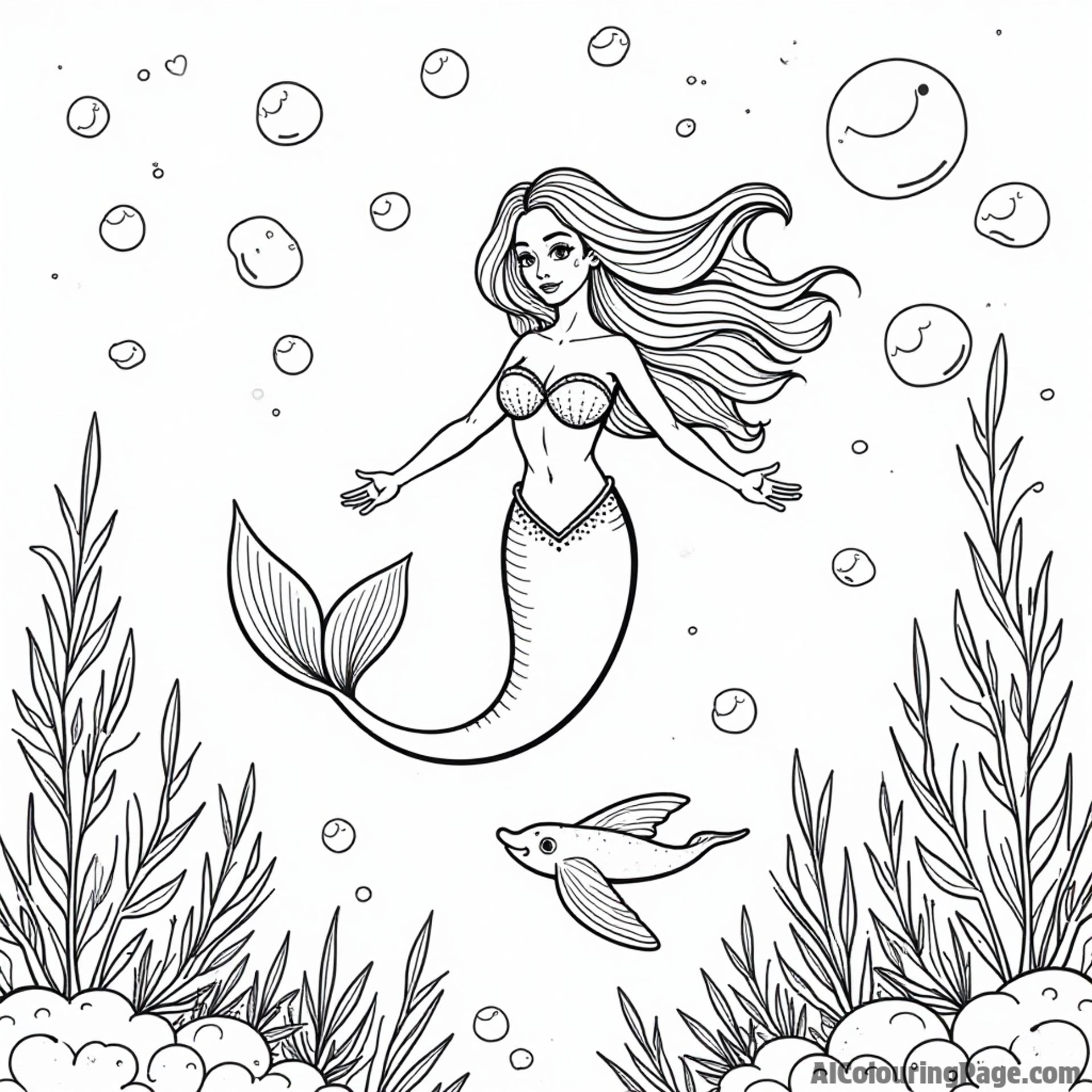 A dreamy underwater scene of a mermaid floating among bubbles, surrounded by glowing sea creatures and soft corals.