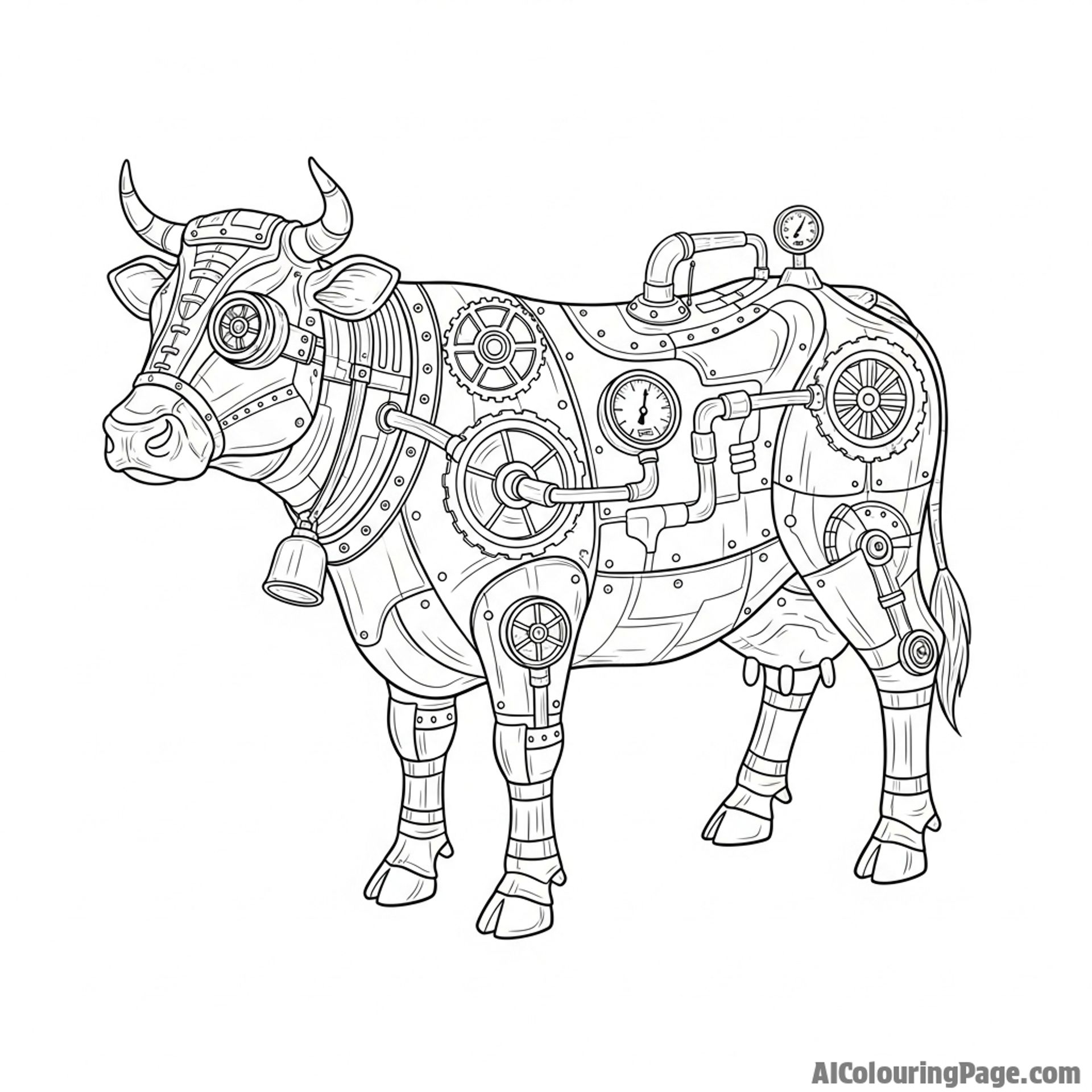 A steampunk cow with intricate brass gears, copper piping, and pressure gauges.