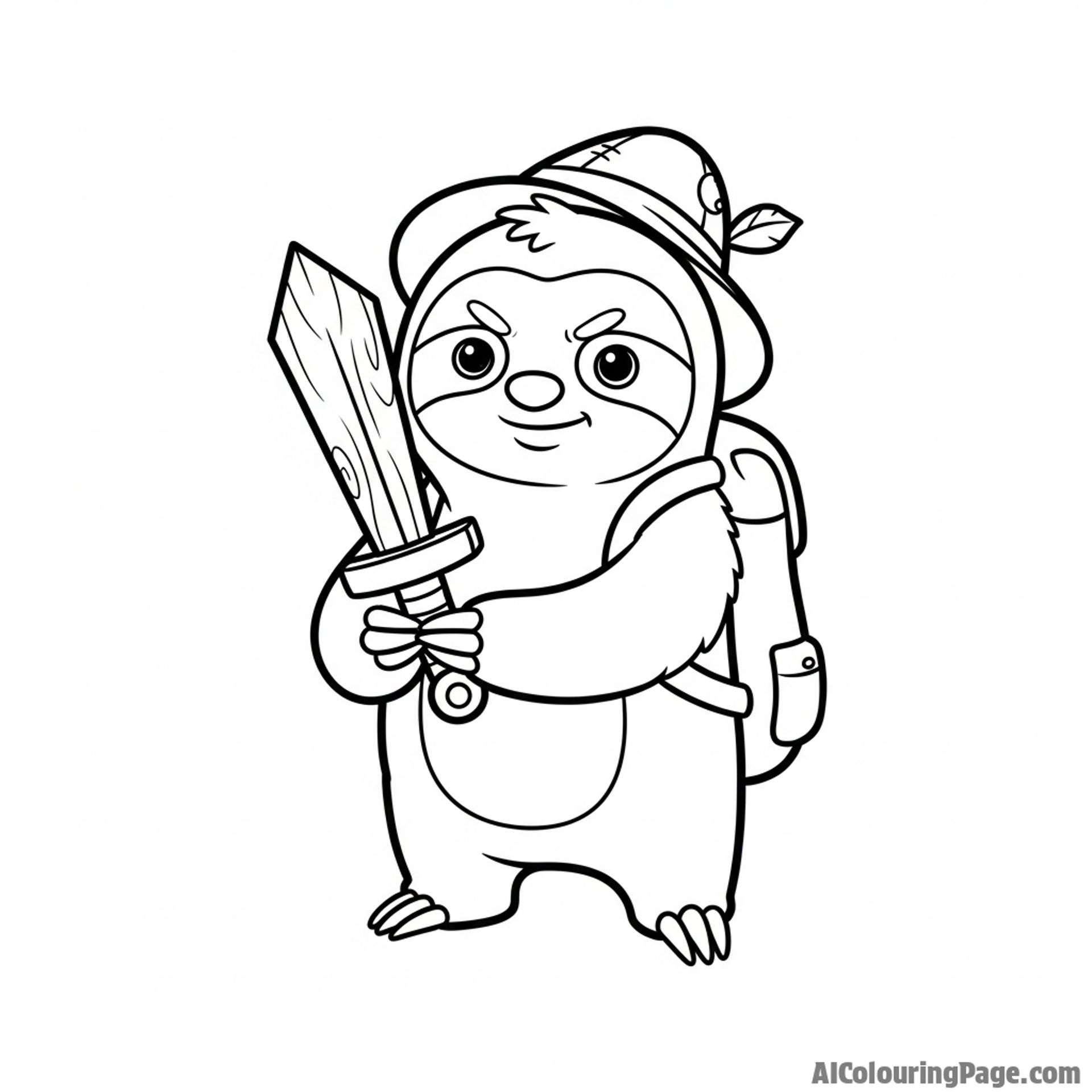 A cartoon sloth on an epic quest, holding a tiny wooden sword.