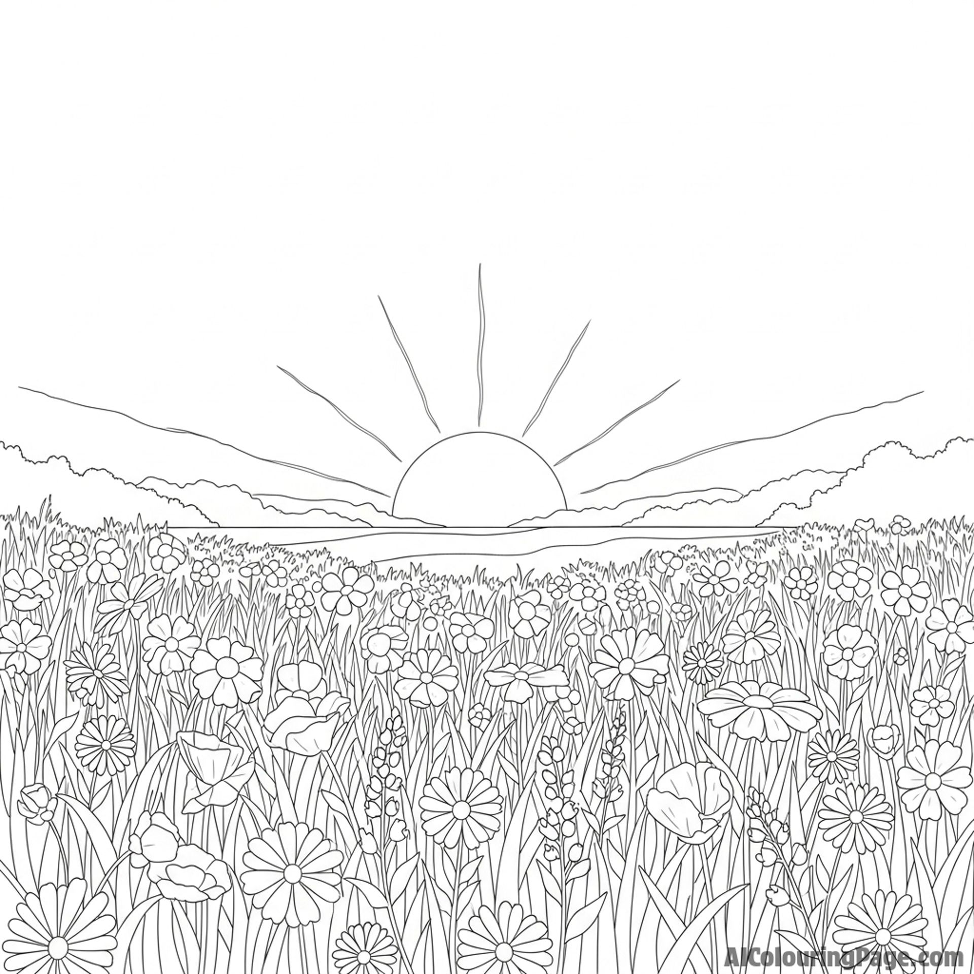 Sunset over a field of wildflowers.