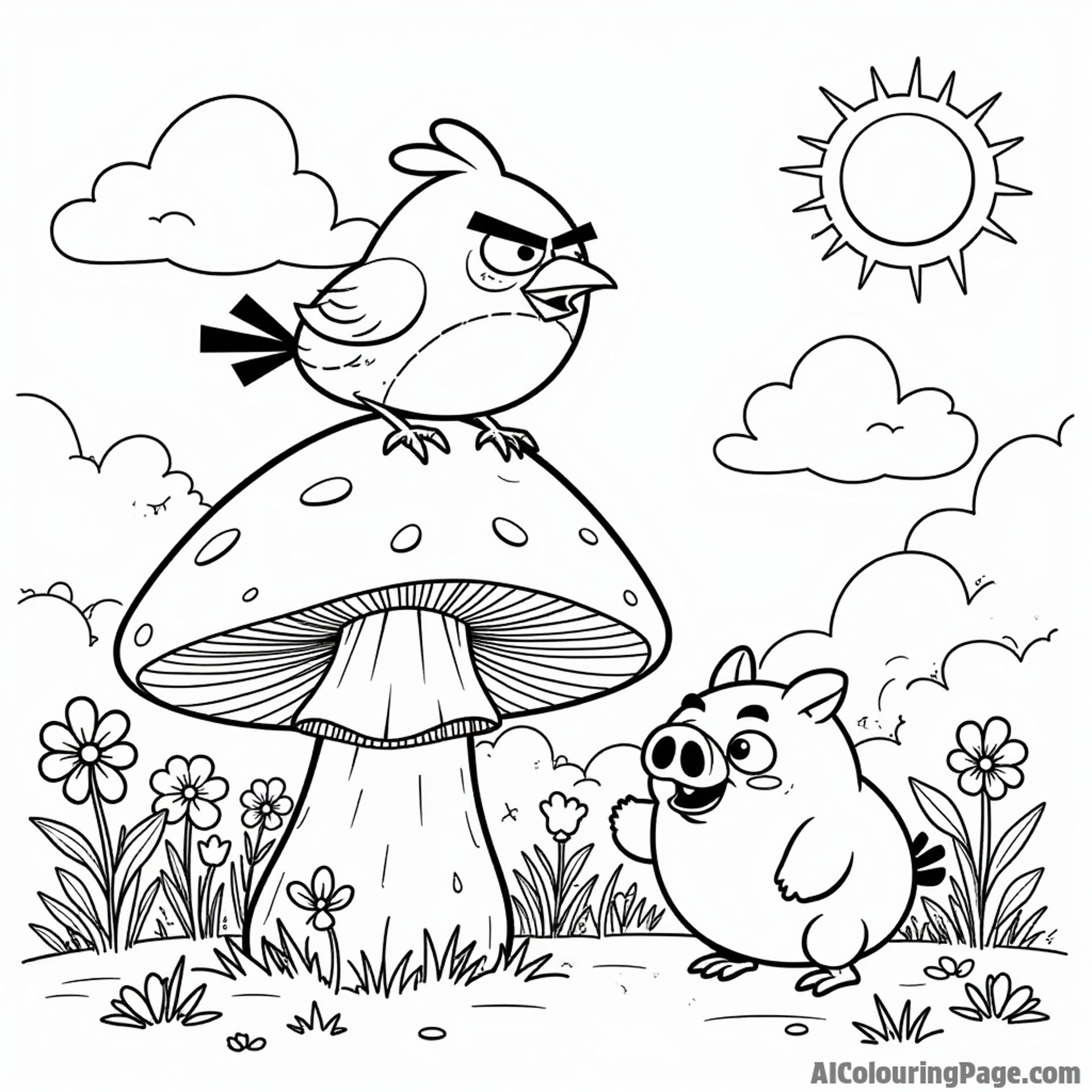 An angry bird perched on a giant mushroom in a whimsical garden filled with flowers and a curious pig nearby