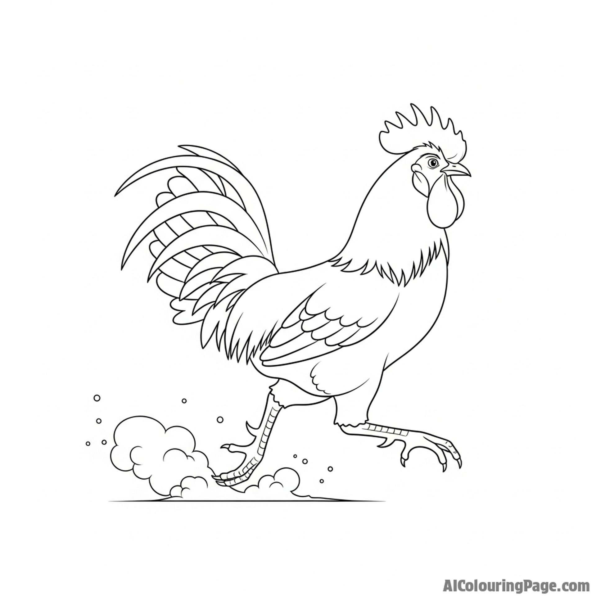 A rooster captured mid-stride, kicking up dust with its powerful legs.