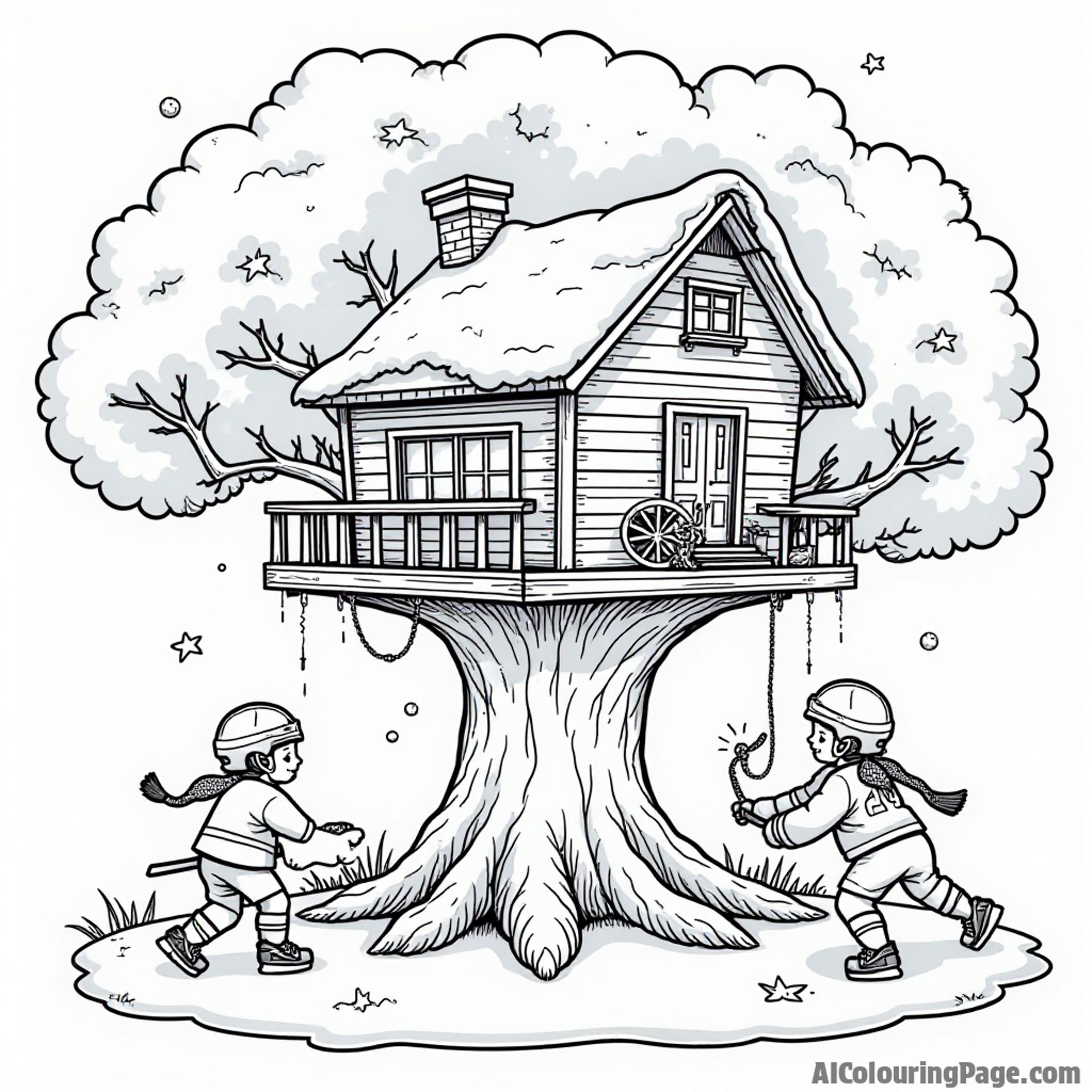 A whimsical treehouse designed like a hockey rink, with kids playing inside and outside, wearing colorful jerseys and having fun.