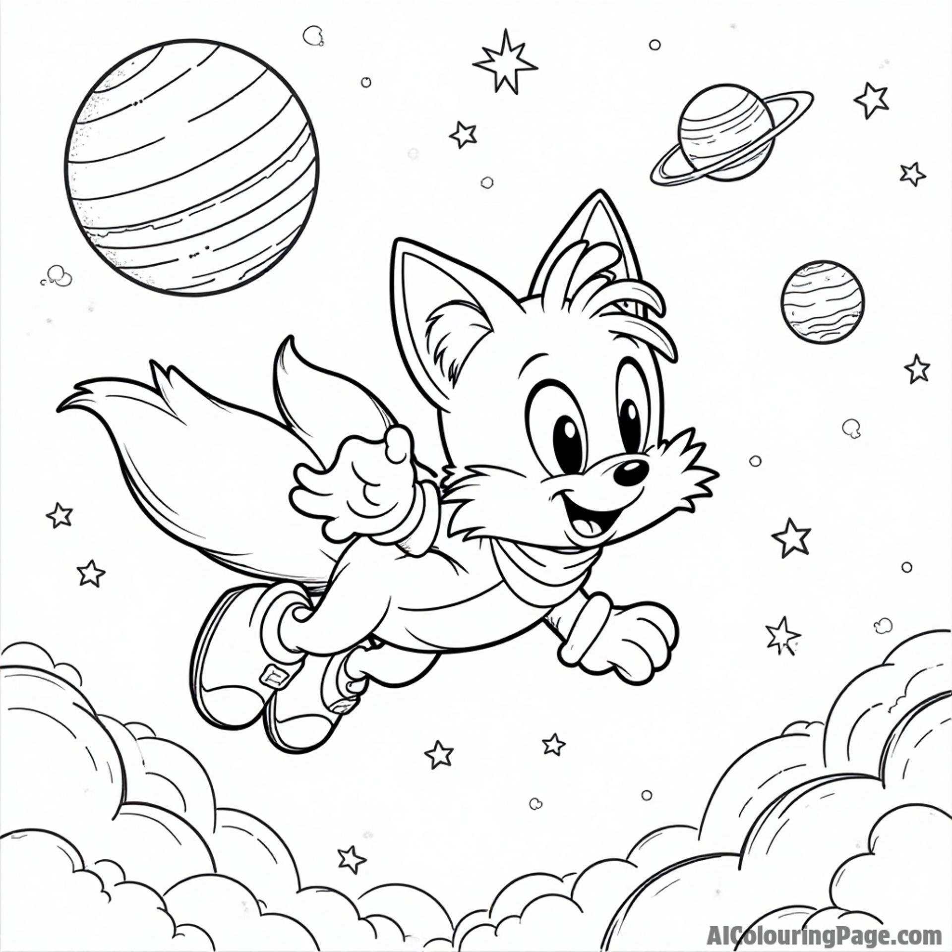 Tails flying through a starry night sky, with planets and shooting stars creating a magical atmosphere to color.