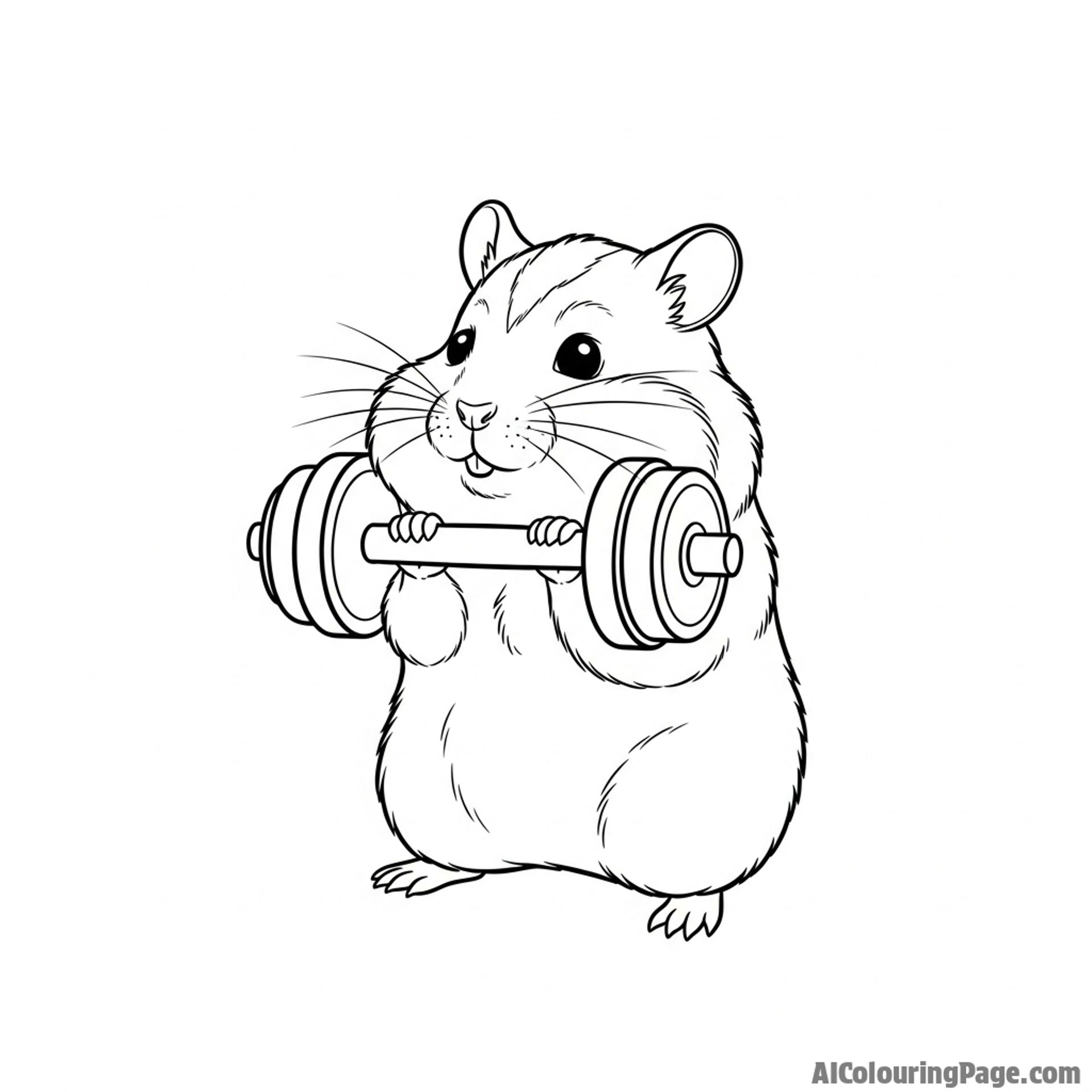 A hamster attempting to lift a miniature dumbbell