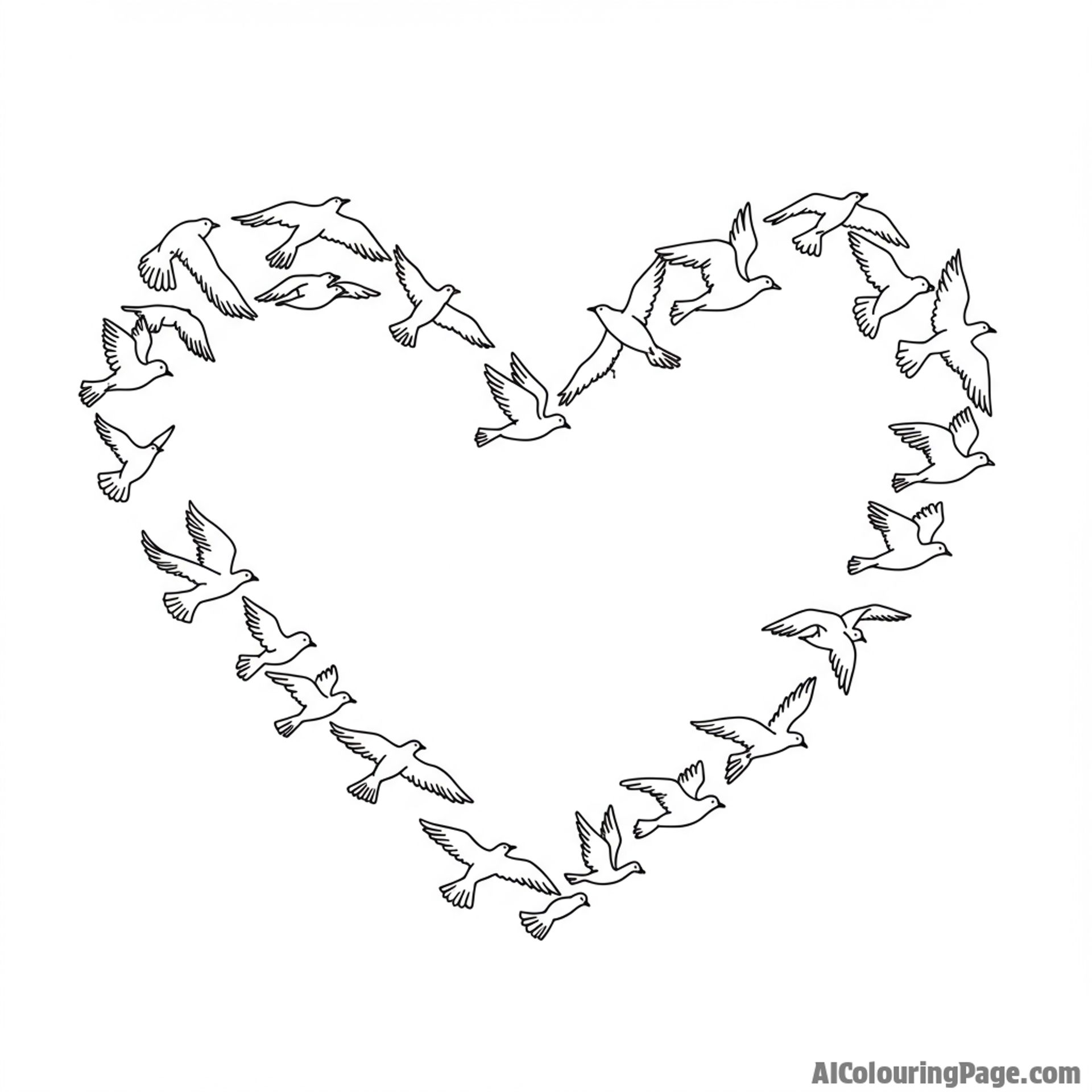 A flock of birds flying in formation, forming a heart.