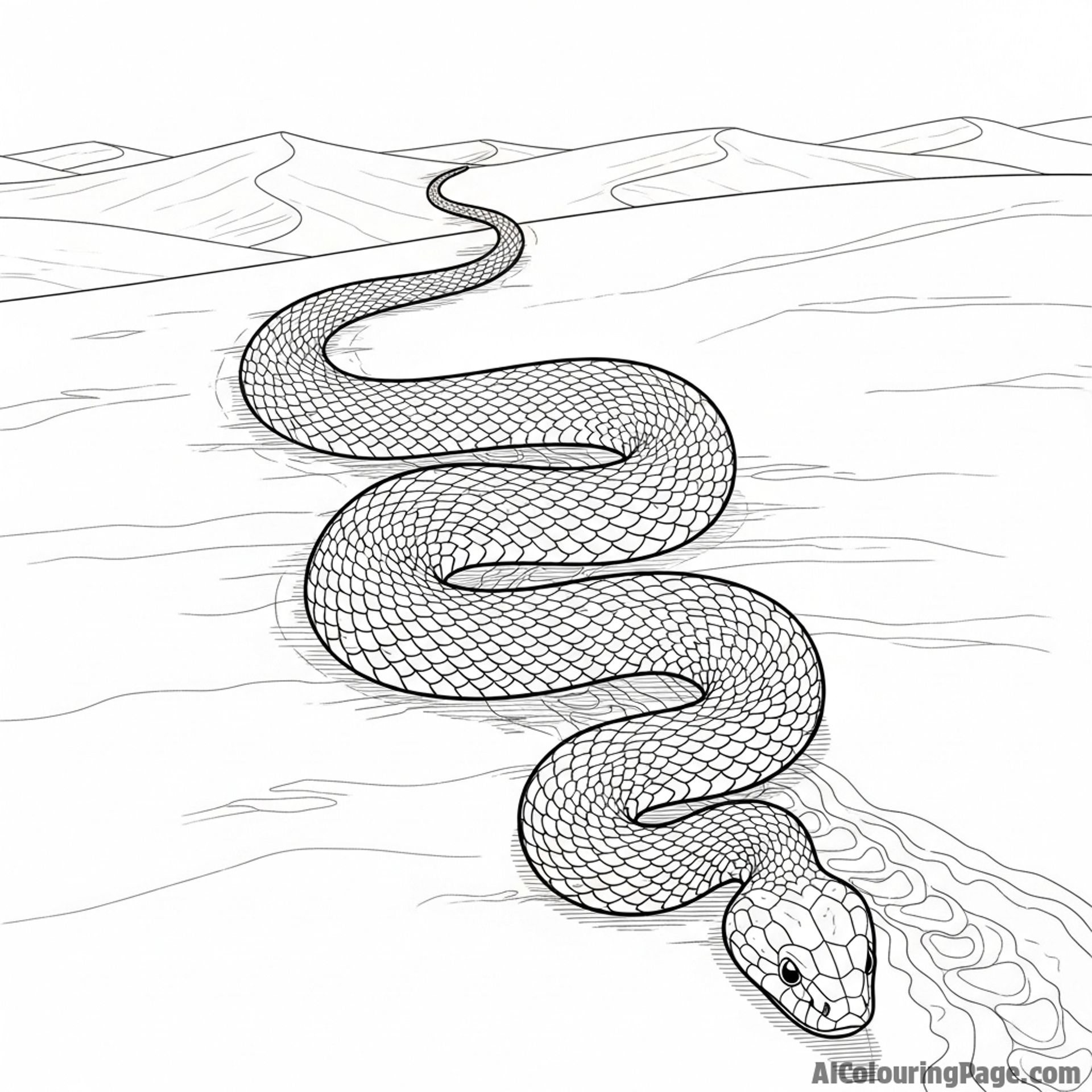 A snake slithering across sun-drenched desert sand, leaving a single winding track.