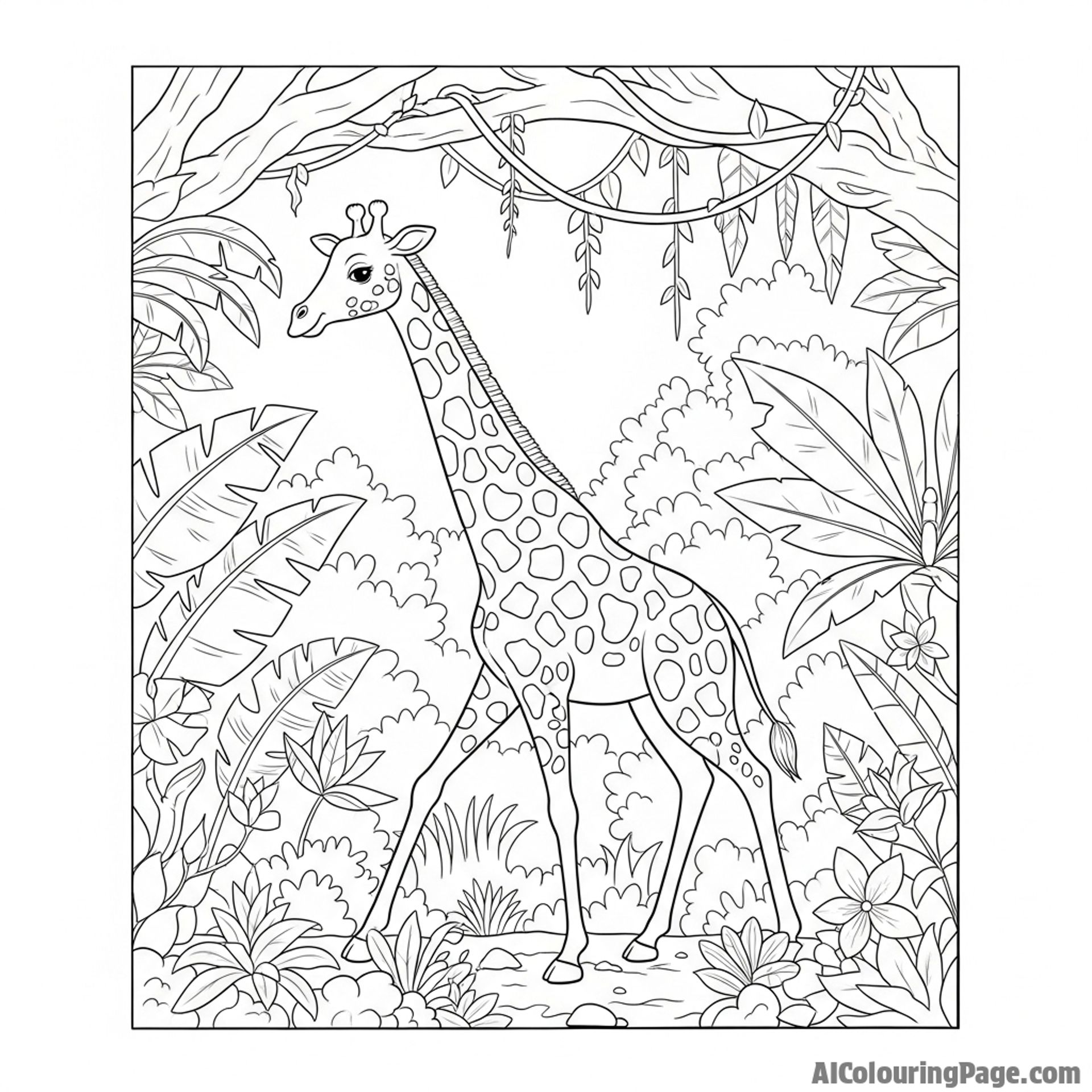 A giraffe navigating through a dense, lush jungle, an unusual environment.