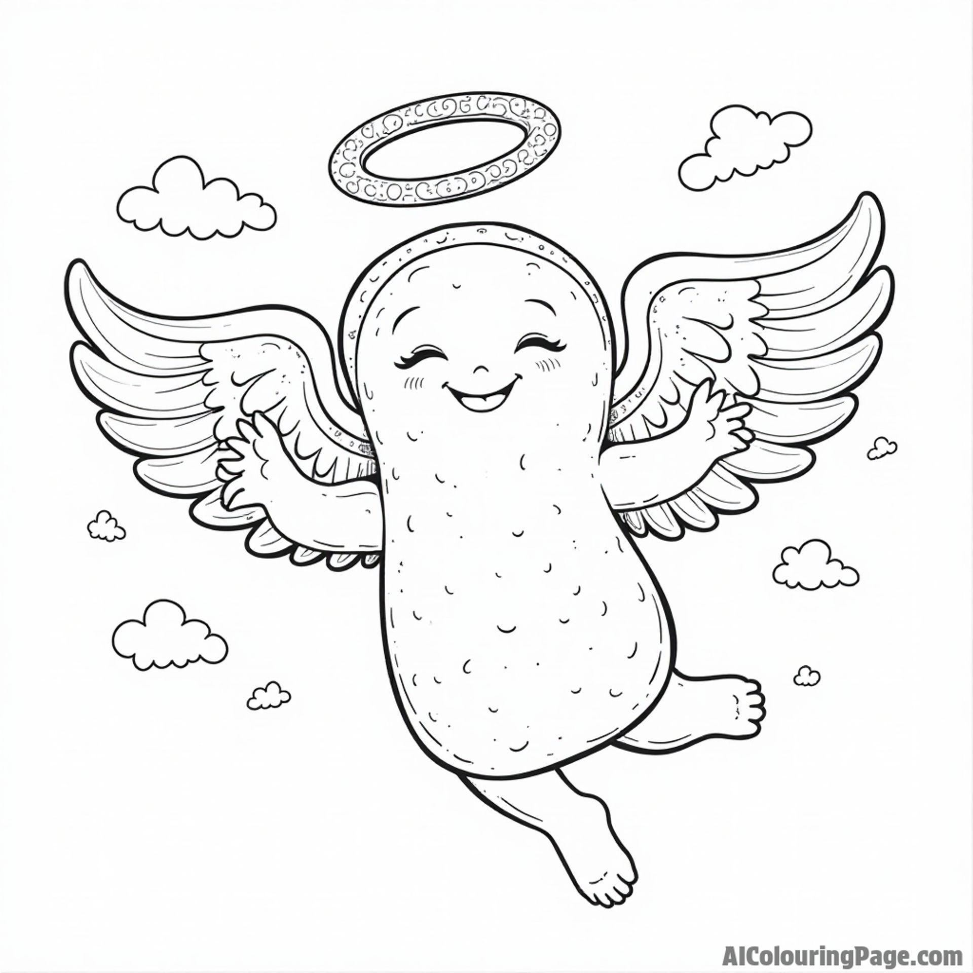 A cheerful bread angel floating among the clouds, with a halo made of bagels and a smile on its face.