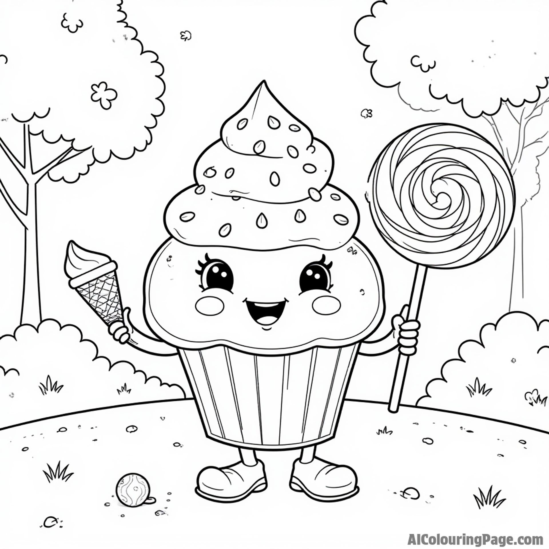 A cheerful cupcake character with sprinkles, a smiling ice cream cone, and a colorful lollipop in a sunny park setting.