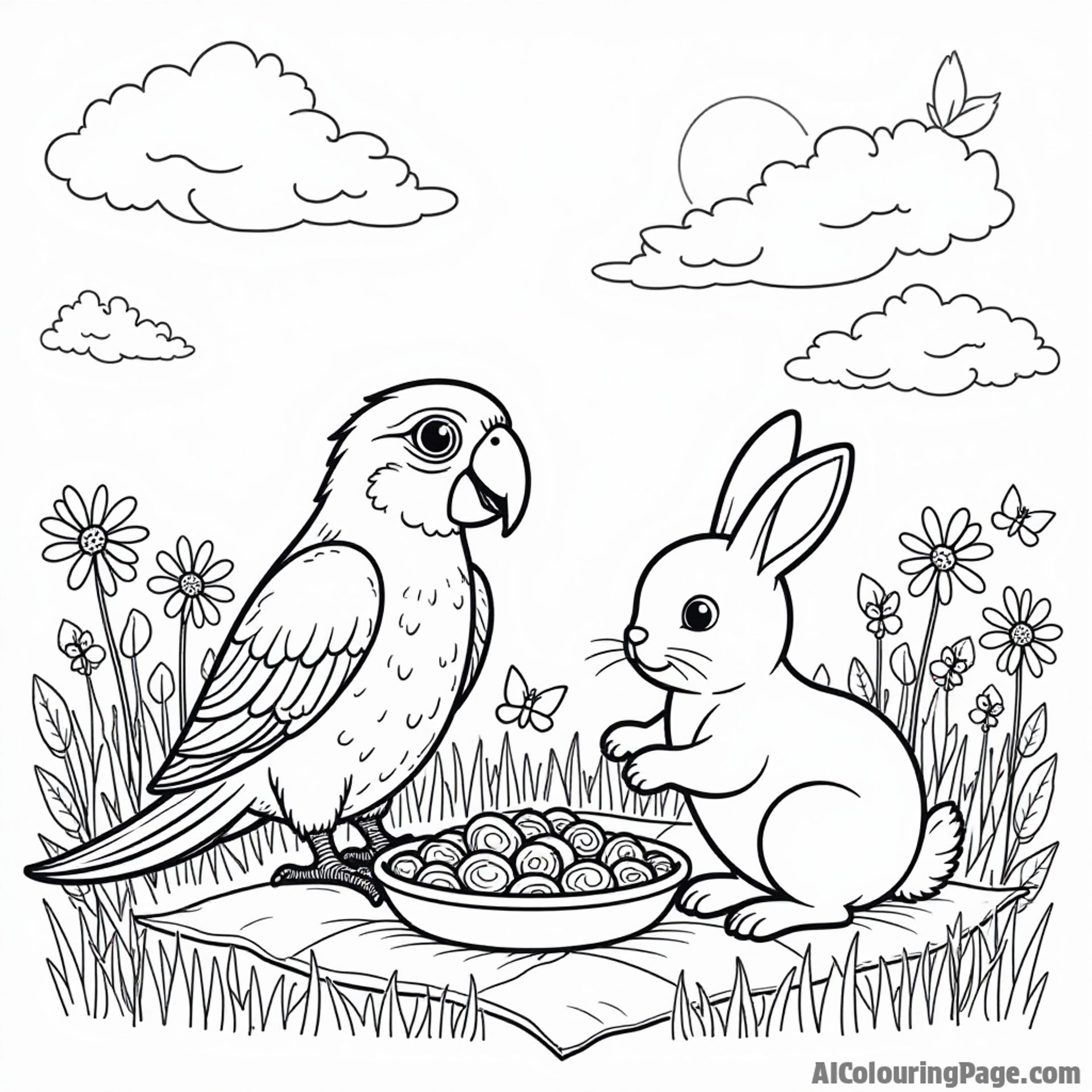 A parrot and a rabbit sharing a picnic in a meadow filled with flowers and butterflies under a blue sky