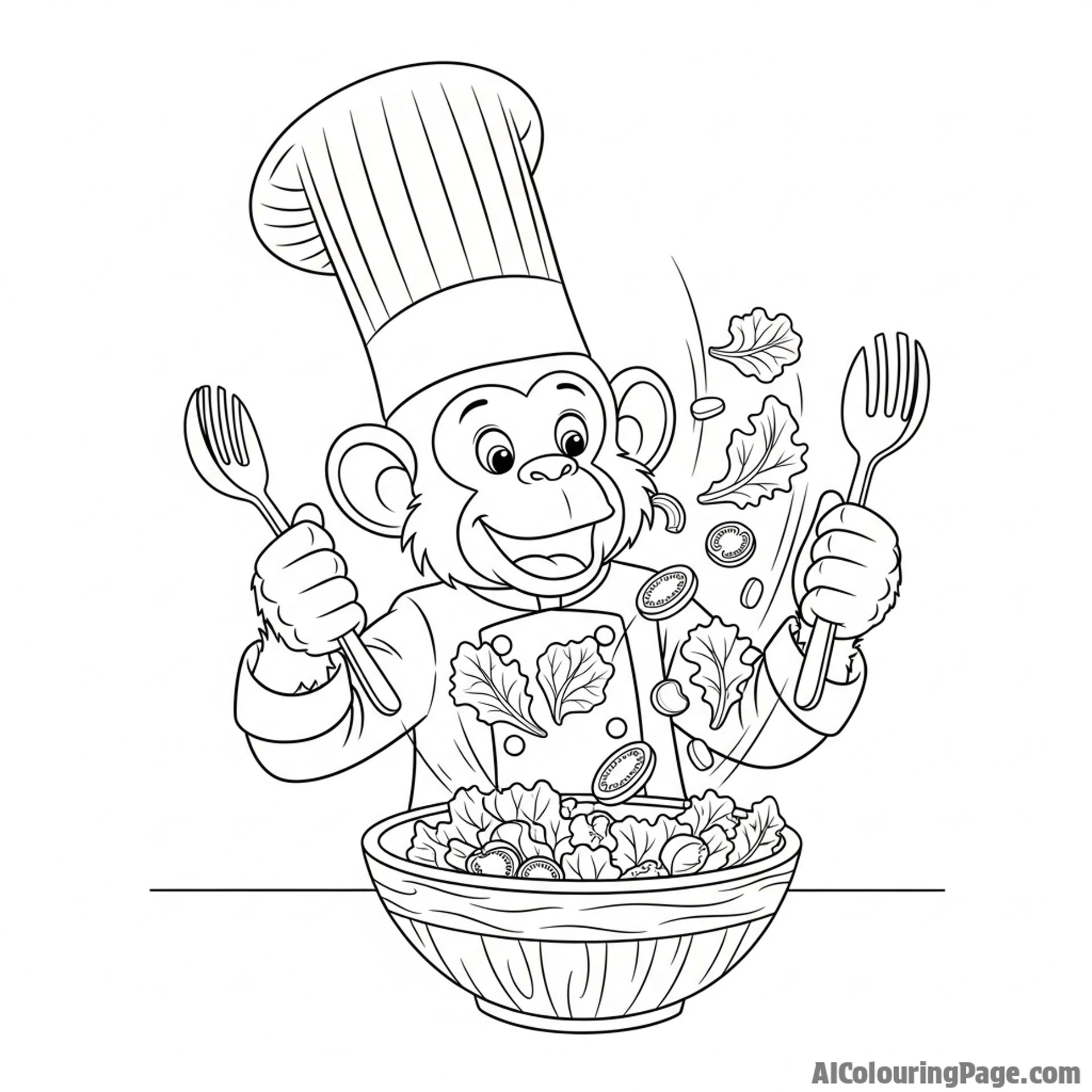 A monkey as a chef, wearing a toque and enthusiastically tossing a salad.
