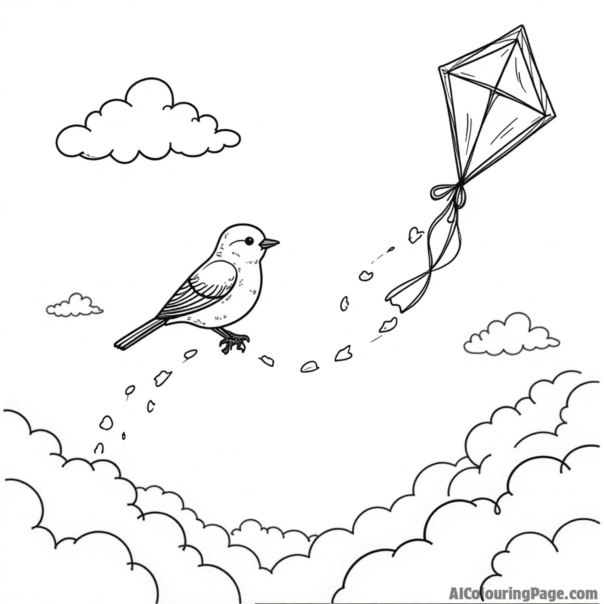 A robin perched on a kite flying high in the sky, with clouds and birds around, creating a joyful coloring scene.