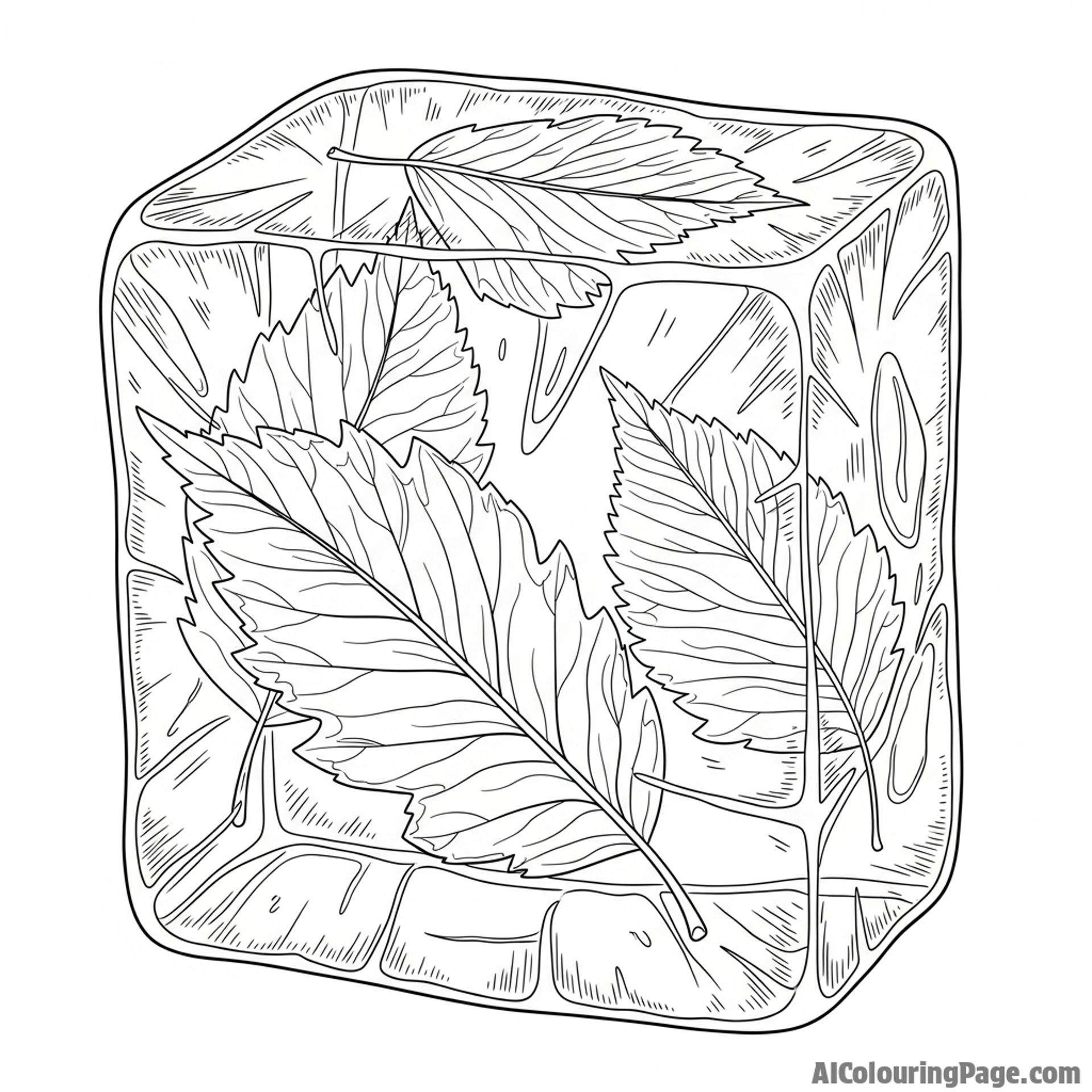 Leaves suspended in ice, encased in frozen water.