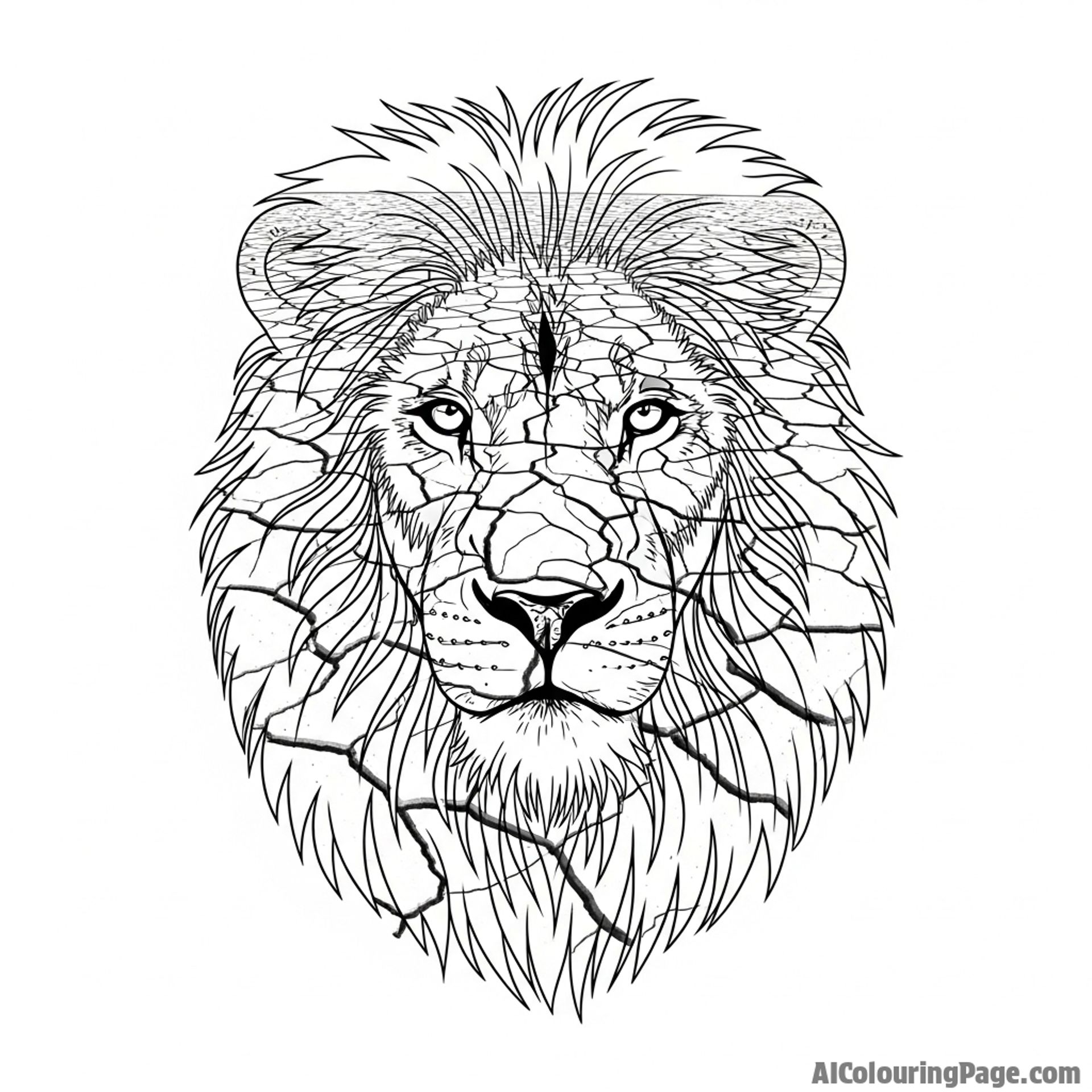 A lion's face created through a double exposure with a cracked desert floor.