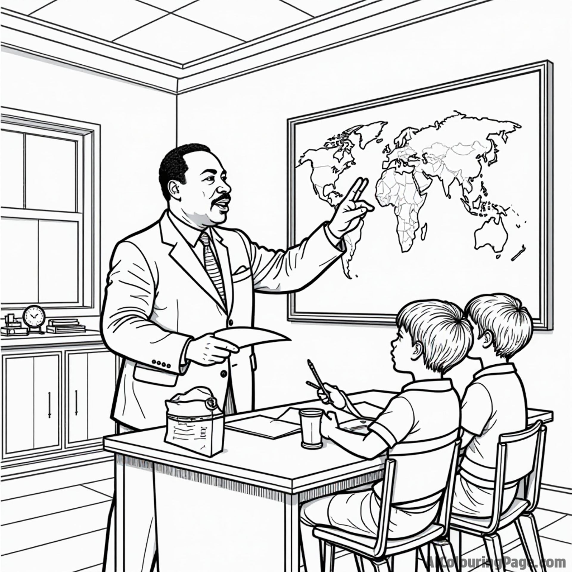 An imaginative classroom where Martin Luther King Jr. teaches about history, with children engaged and maps on the walls, inviting young artists to color their learning experience.