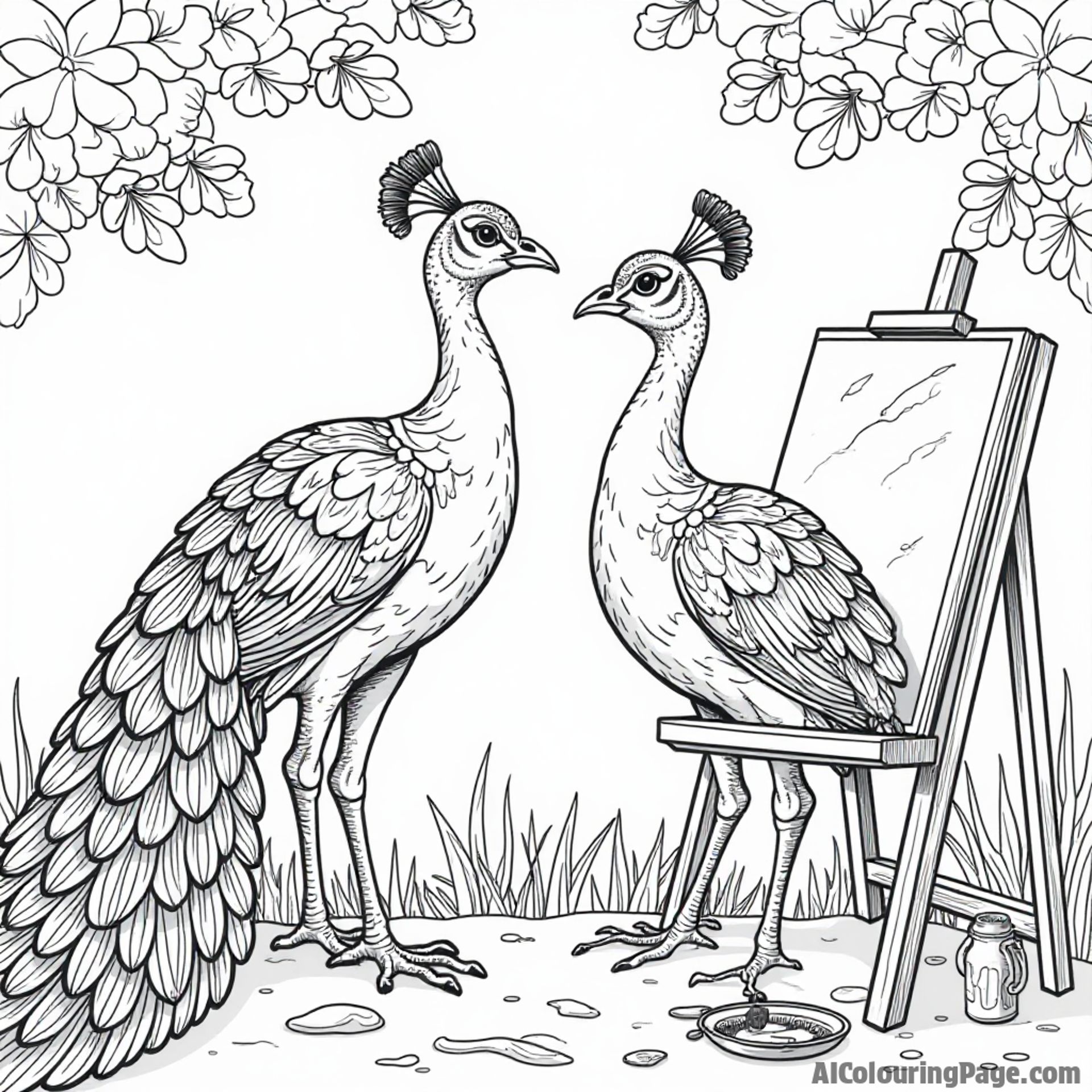 A peacock and a butterfly creating art together with paintbrushes and colors in a sunny outdoor studio