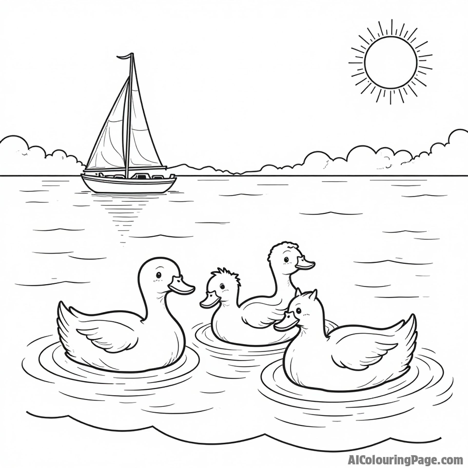 A playful family of ducks swimming in the Chesapeake Bay, with a sailboat in the background and a sunny sky.