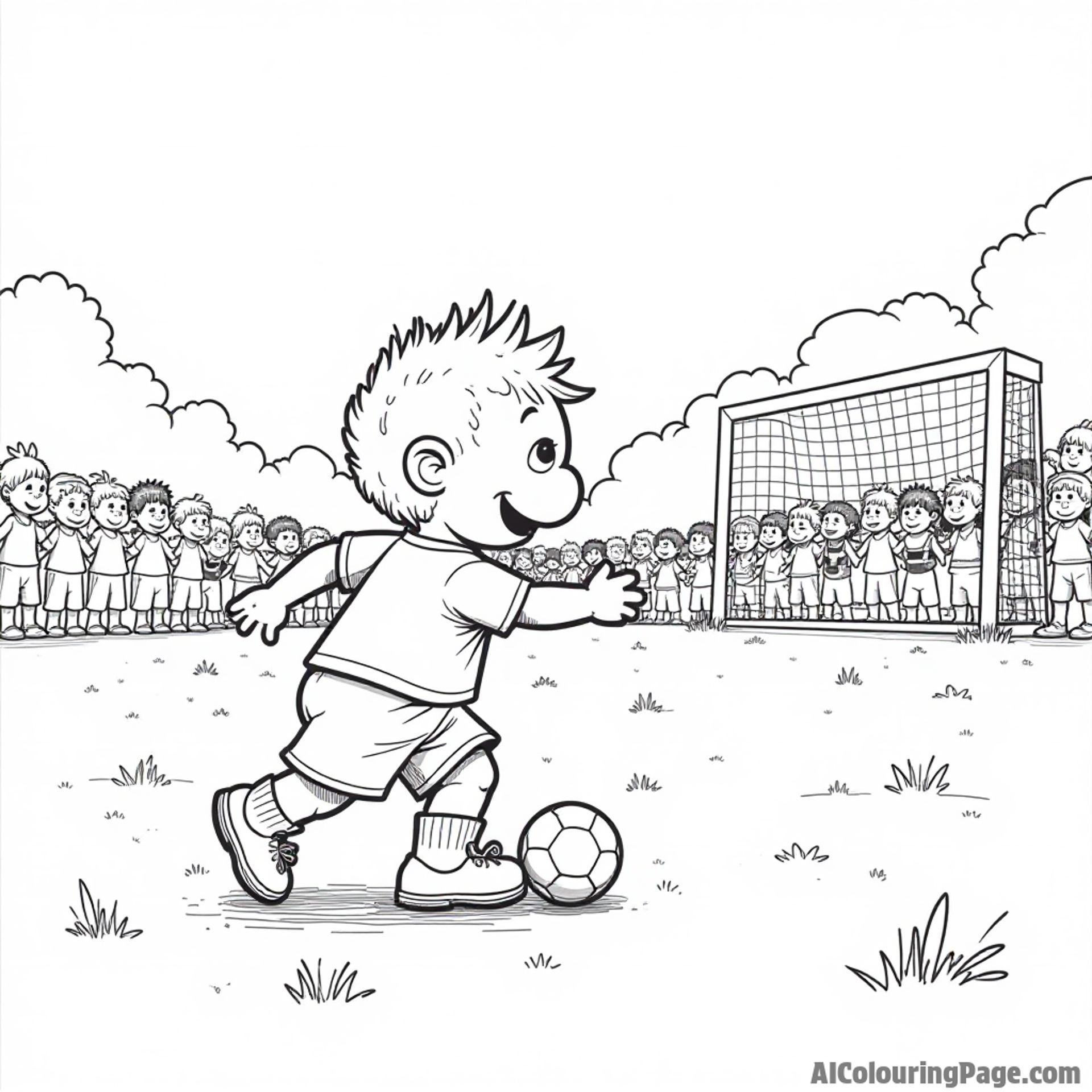 A Muppet baby playing soccer with friends in a grassy field, with a goalpost and a cheering crowd of toys.