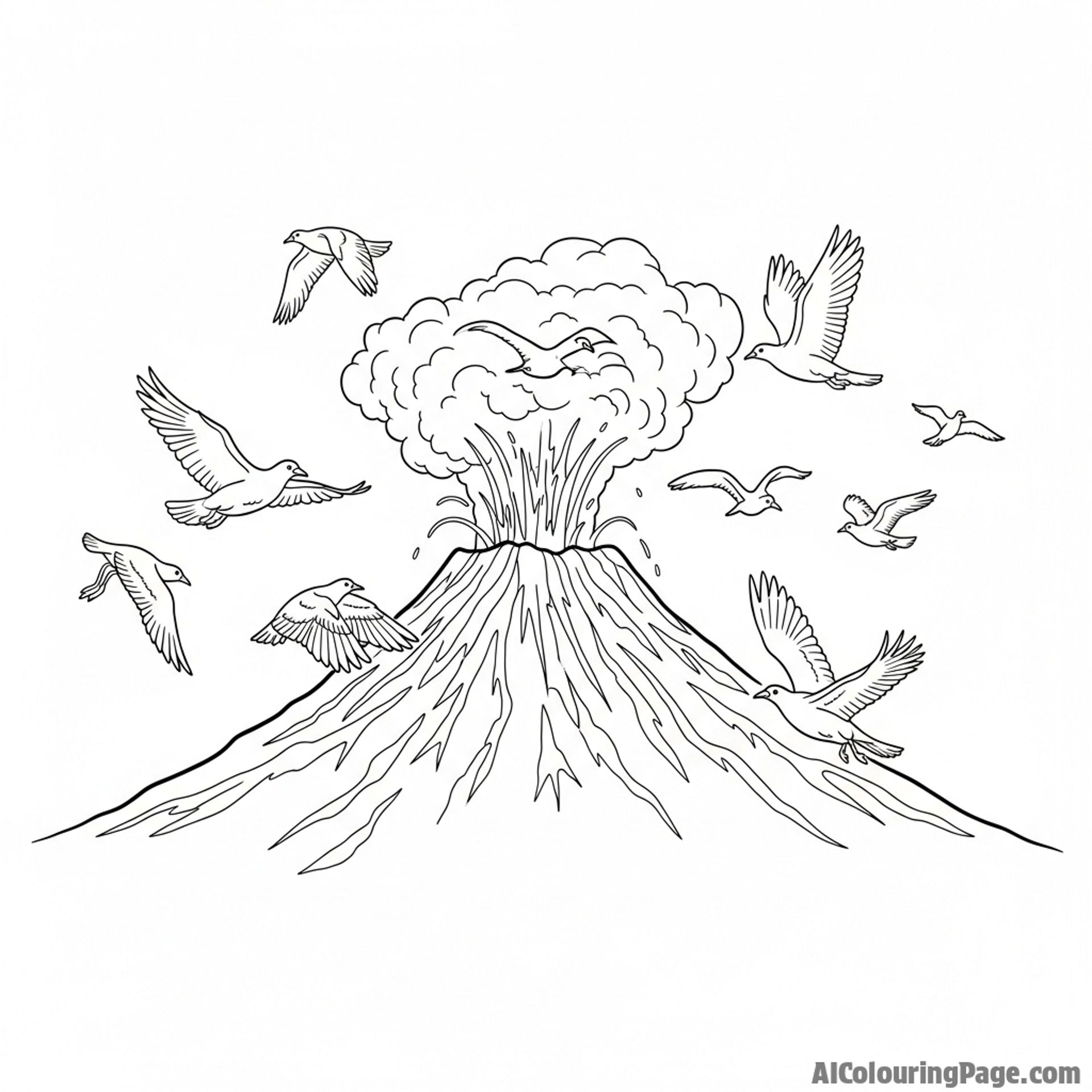 Birds flying over a smoking volcano.