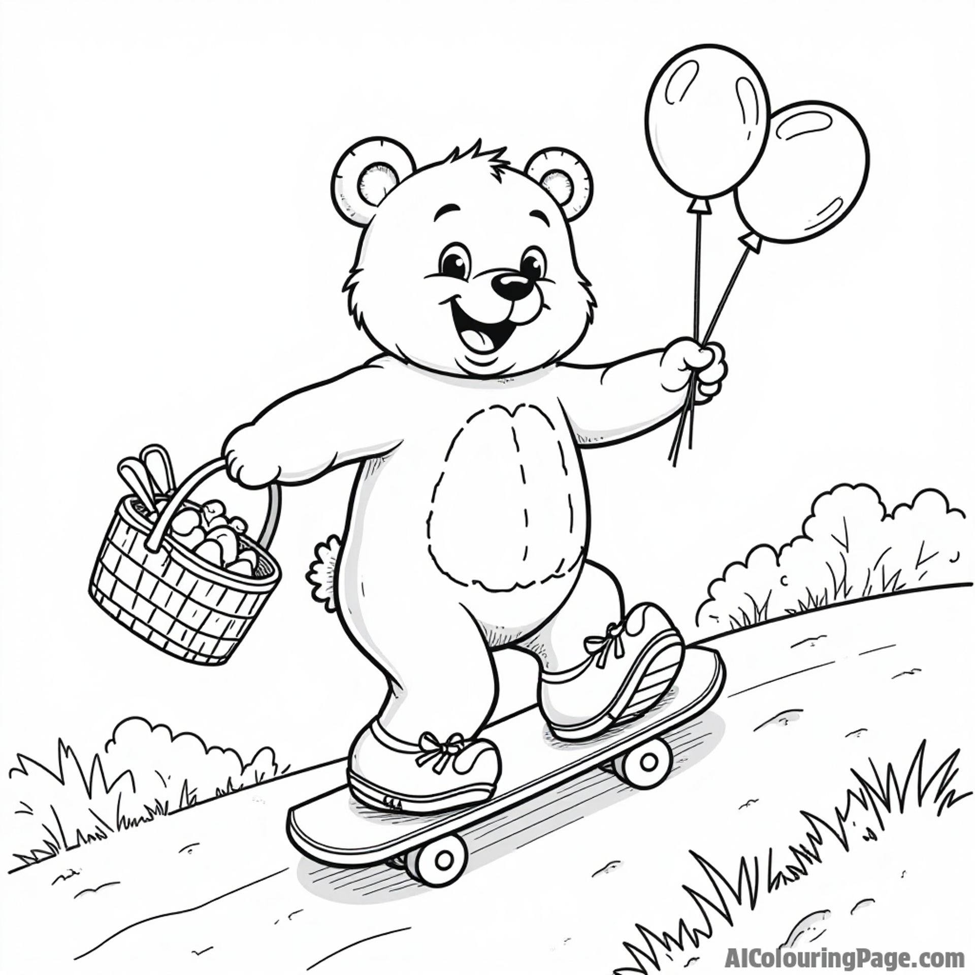 A cheerful bear skateboarding down a hill, with balloons and a picnic basket, providing a fun and playful scene for children to add their favorite colors.