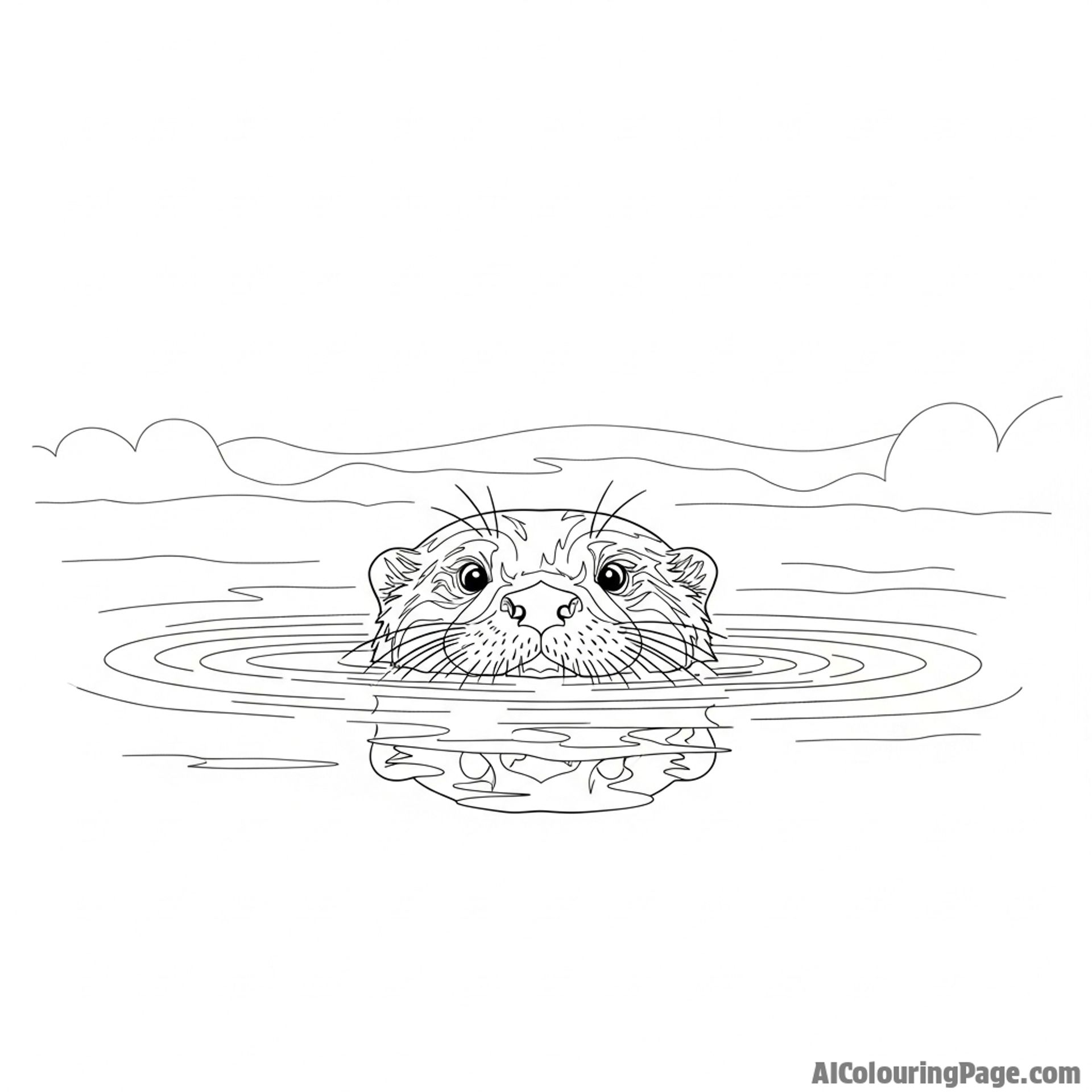 An otter’s head breaking the surface of a still, misty pond at dawn.