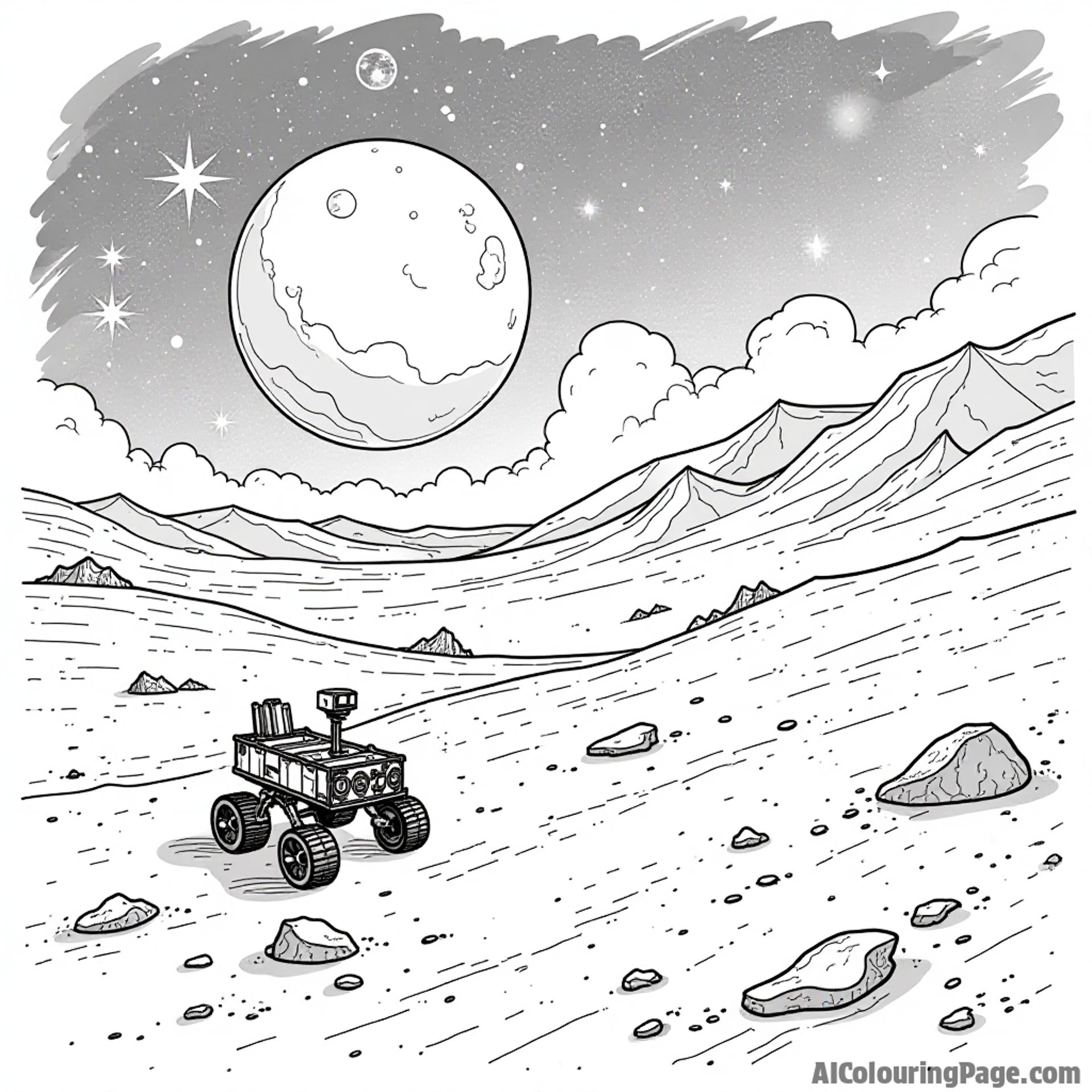 An imaginative view of Mars with a tiny rover exploring craters, surrounded by distant stars and a glowing galaxy backdrop.
