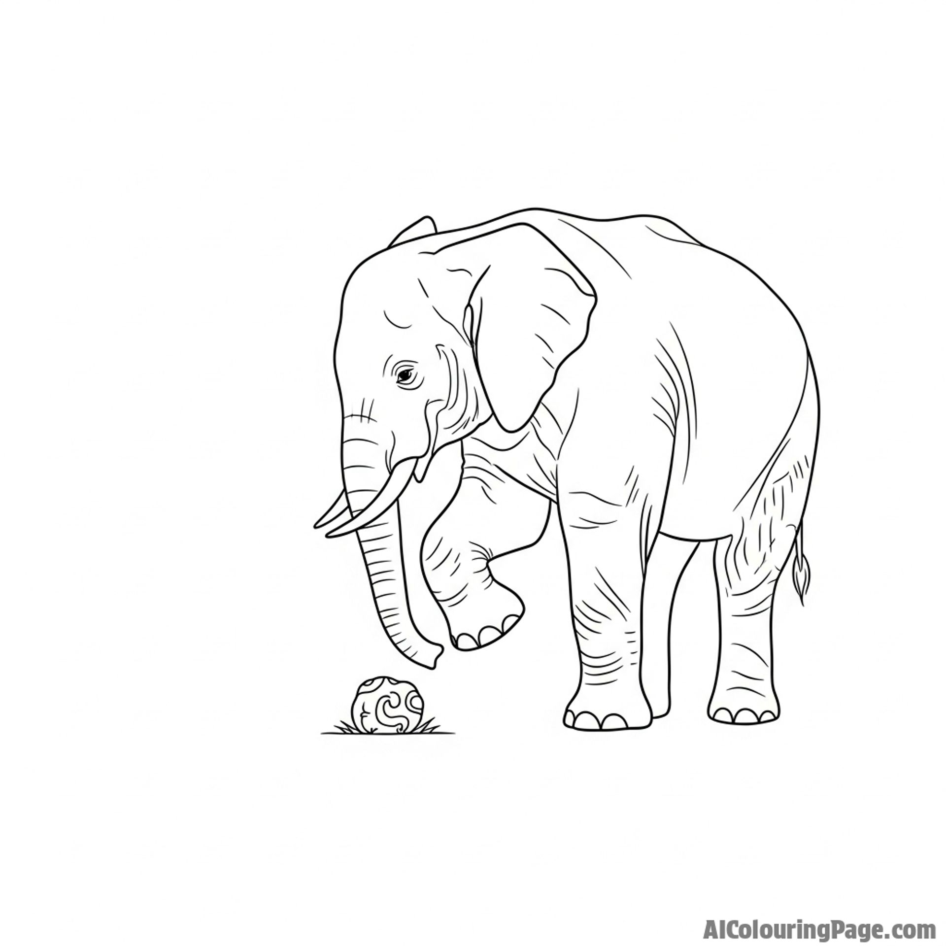 An elephant using its foot to gently investigate a small object on the ground.
