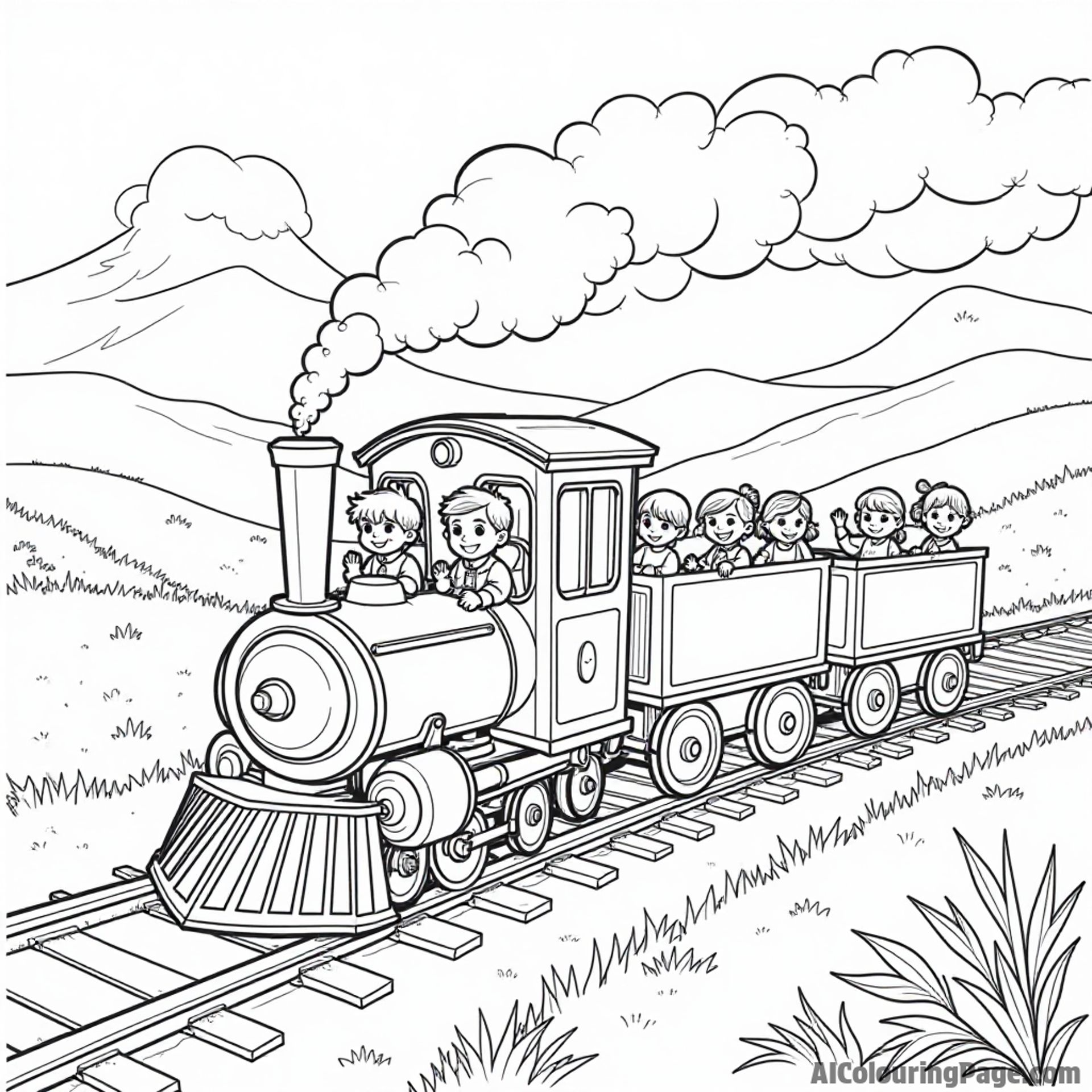 A magical train traveling through a picturesque landscape with children waving and enjoying the beautiful scenery