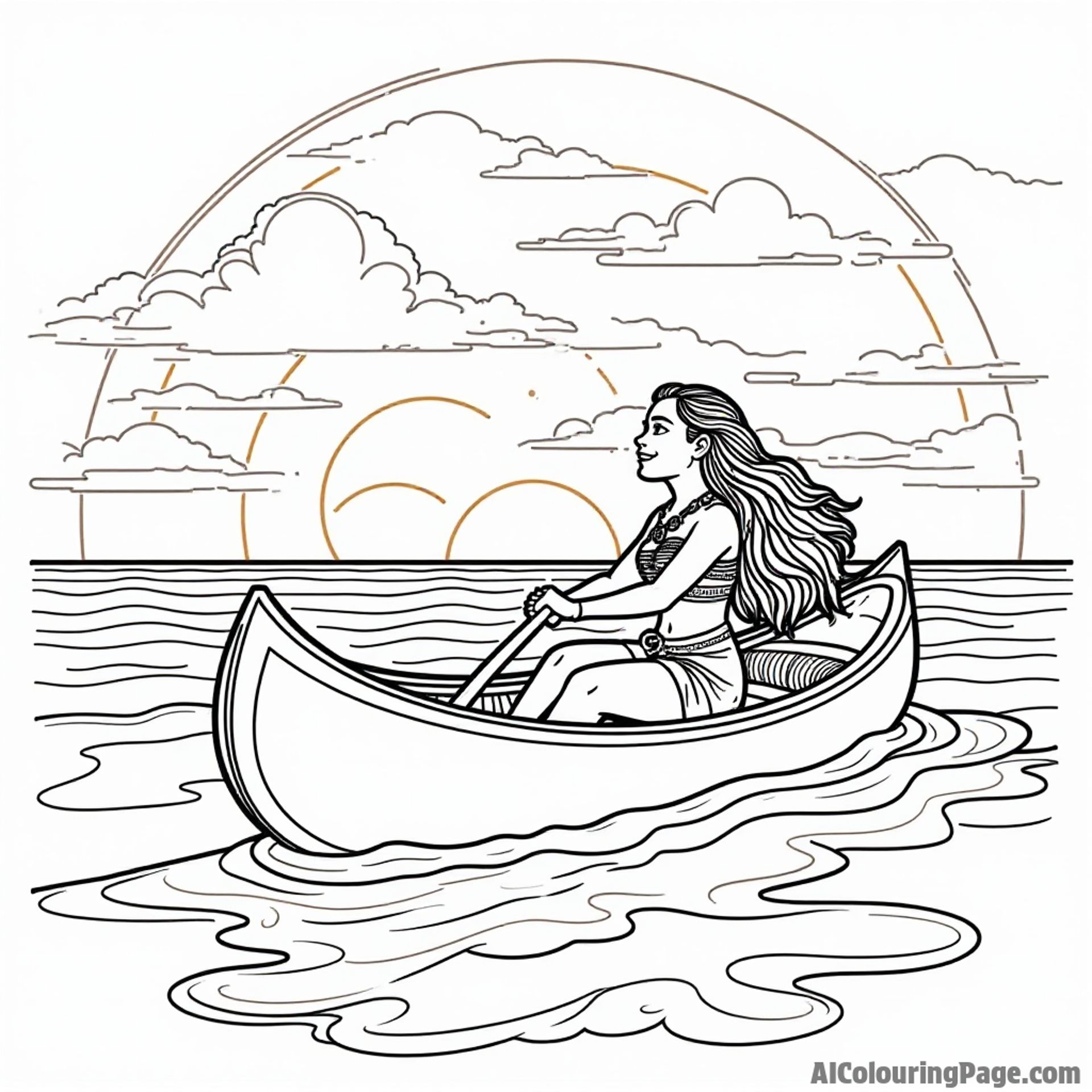 A beautiful sunset over the ocean with Moana and her canoe silhouetted against warm colors and gentle waves.