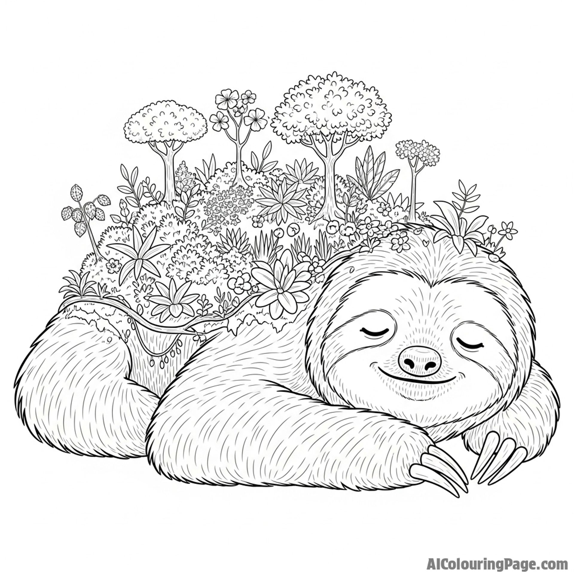 A giant, gentle sloth with a whole ecosystem of tiny plants growing on its back.
