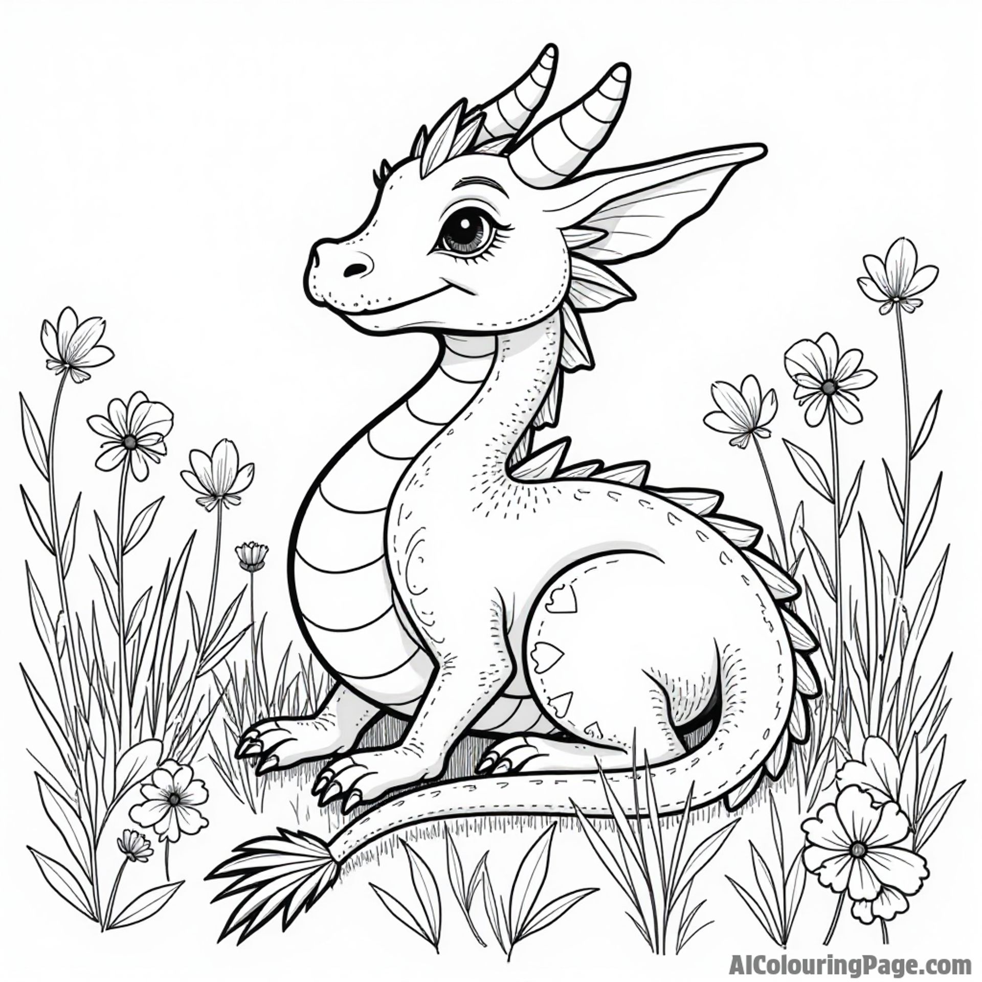 Dragon resting in a field of flowers