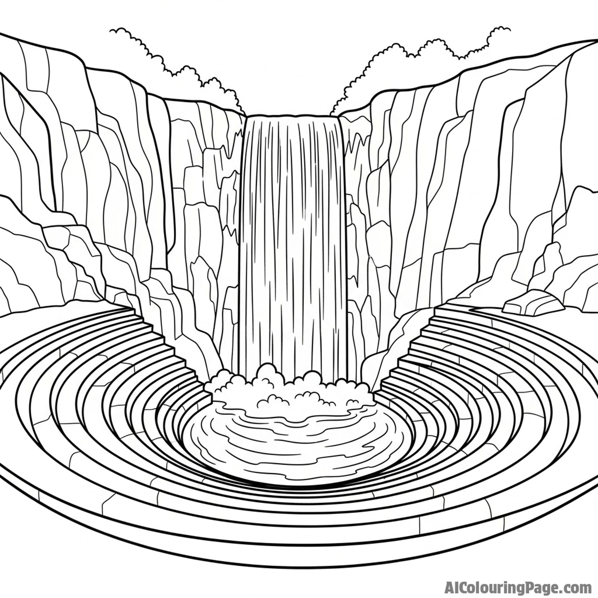 A cascading waterfall forming a natural amphitheater.