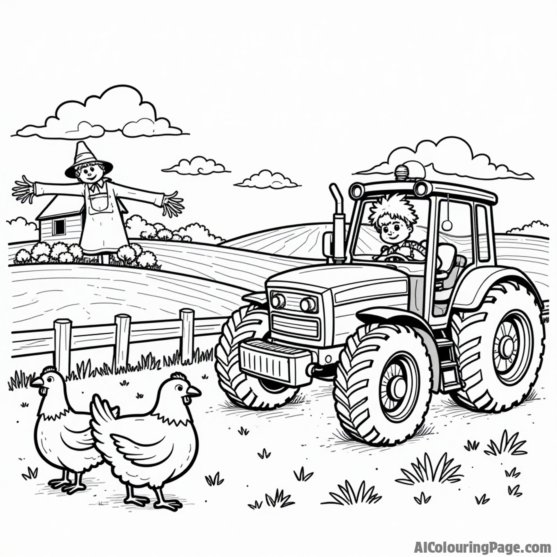 A whimsical Kansas farm scene with a tractor, a happy scarecrow, and a flock of chickens roaming around.