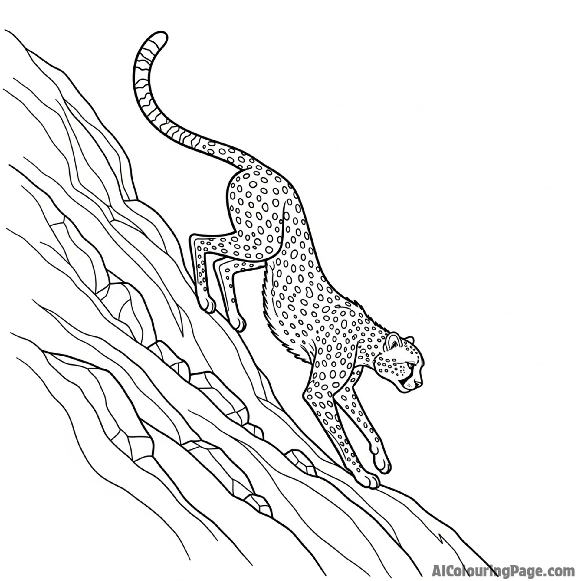 The liquid, flowing movement of a cheetah as it descends a steep, rocky incline.