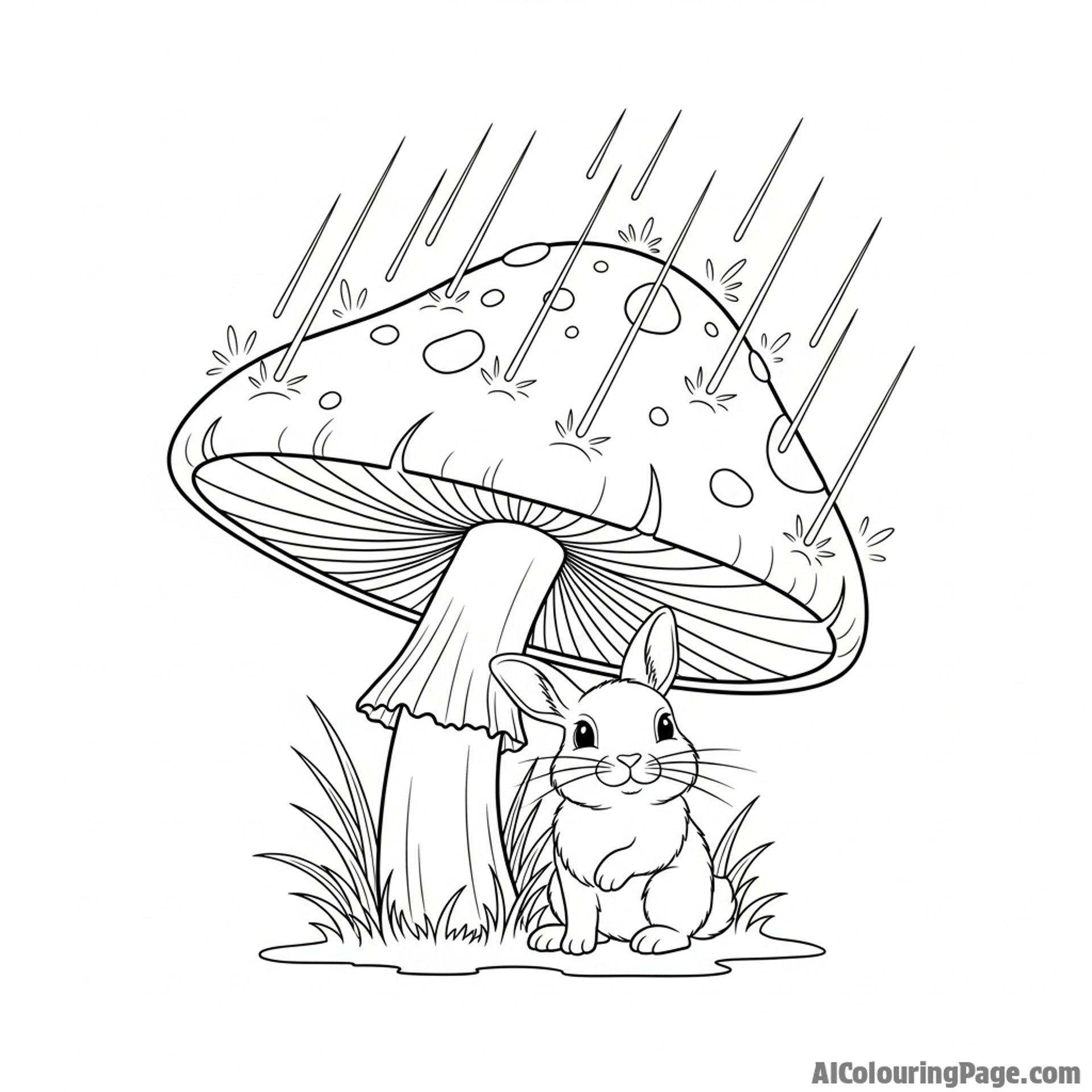 A rabbit finding shelter from a downpour under a giant toadstool.